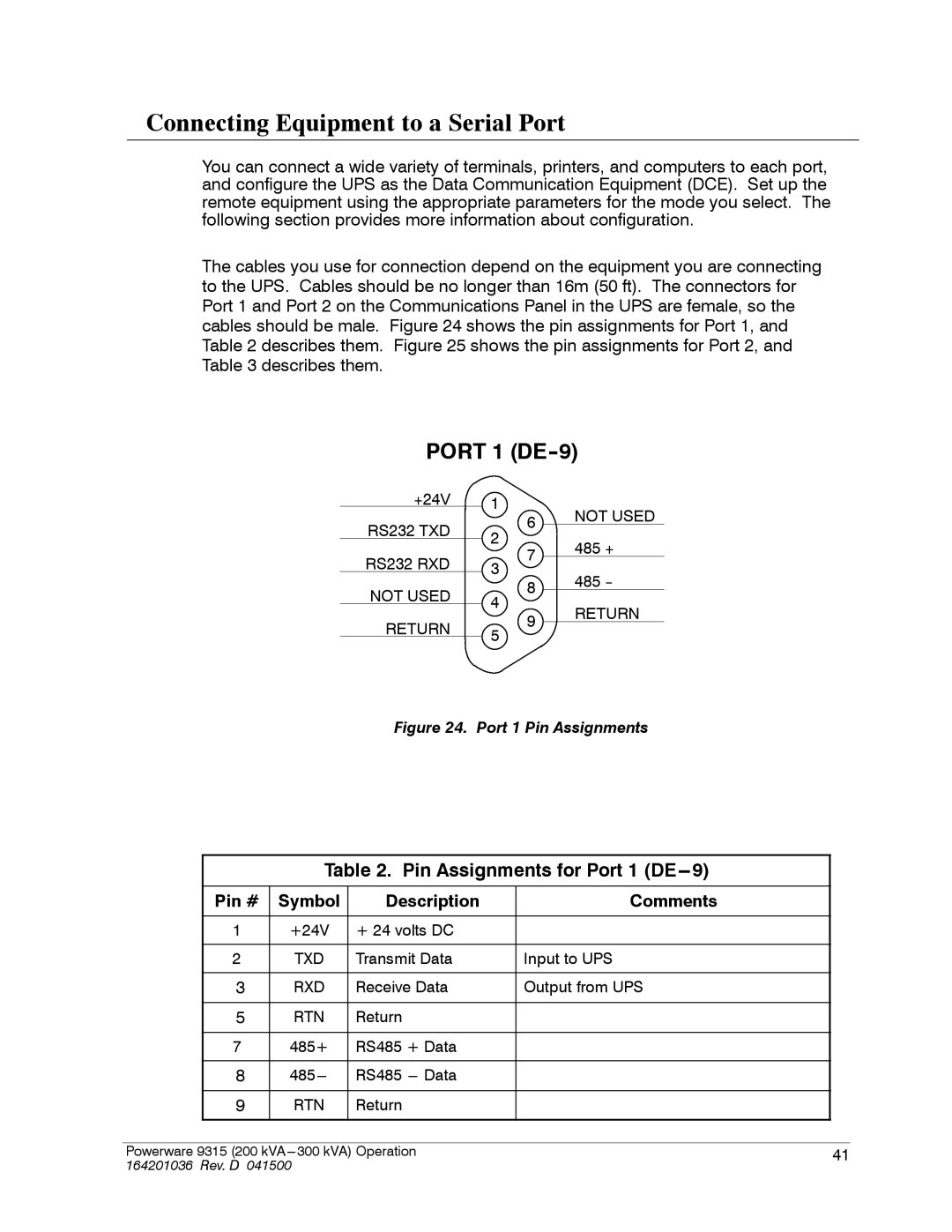 Powerware 9315 operation manual Connecting Equipment to a Serial Port, Port 1 DE-9 