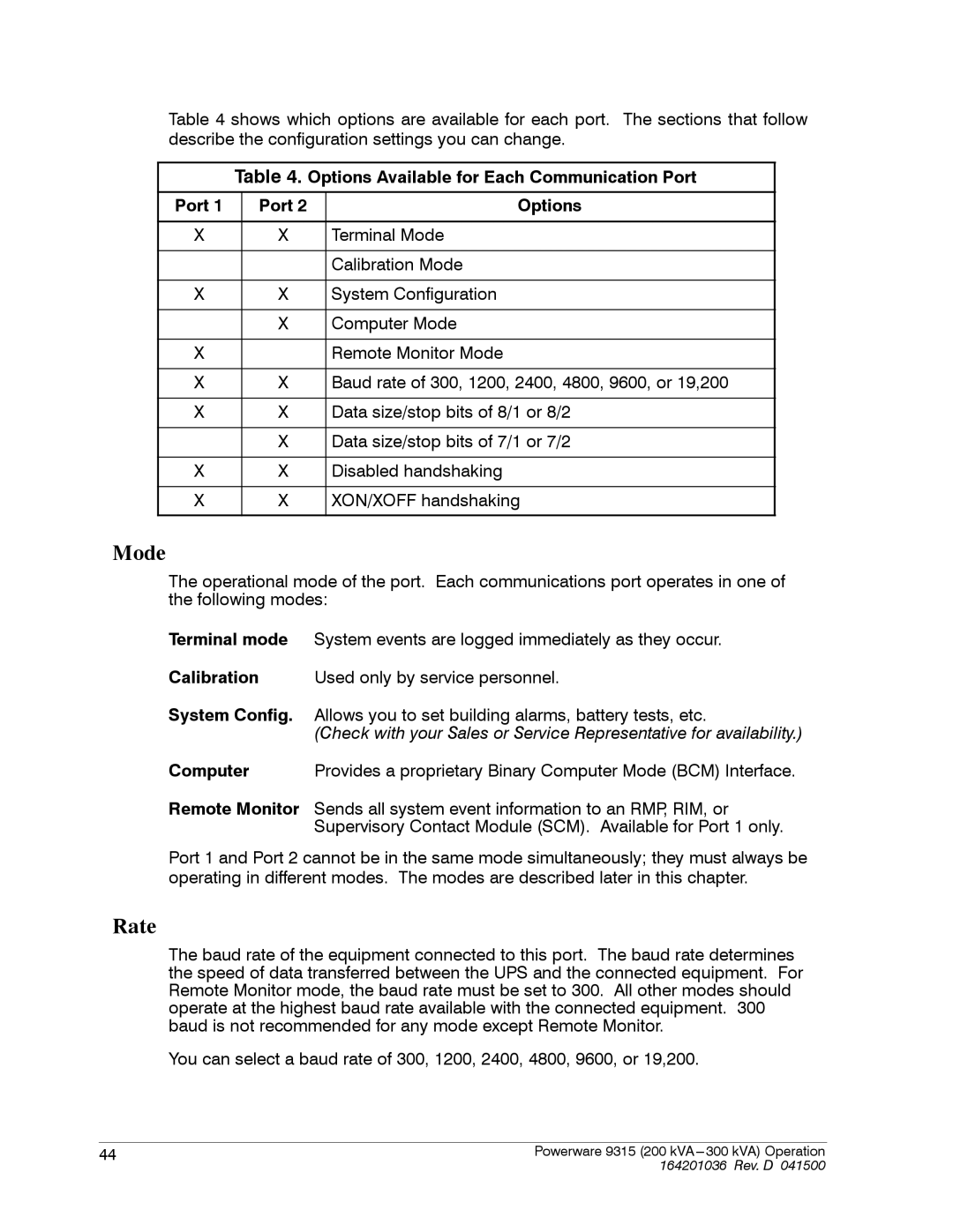 Powerware 9315 operation manual Mode, Rate 