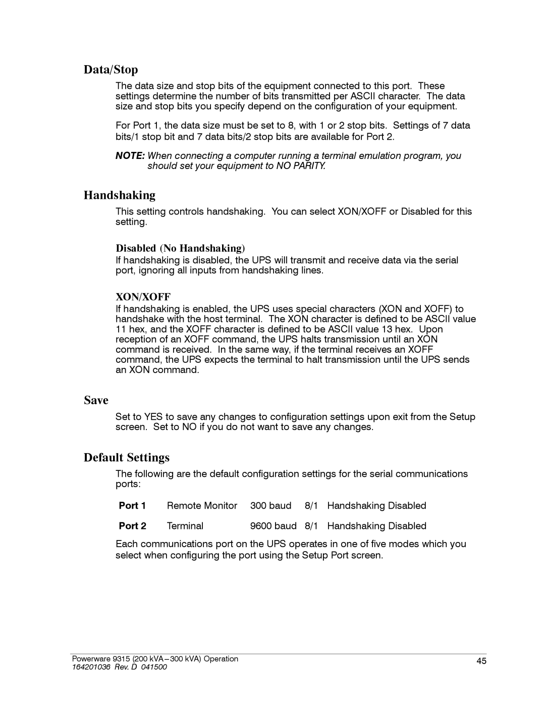 Powerware 9315 operation manual Data/Stop, Handshaking, Save, Default Settings 