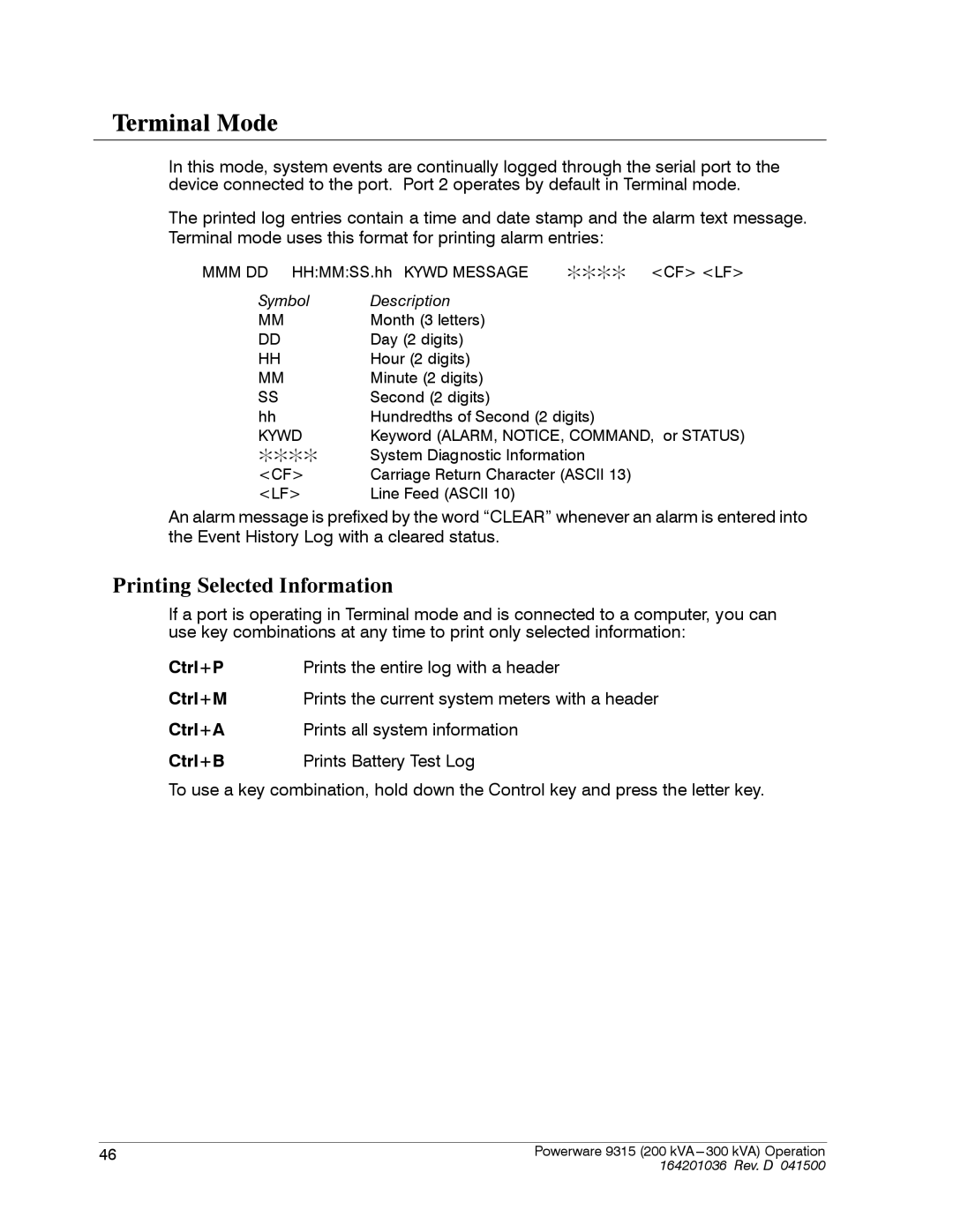 Powerware 9315 operation manual Terminal Mode, Printing Selected Information 