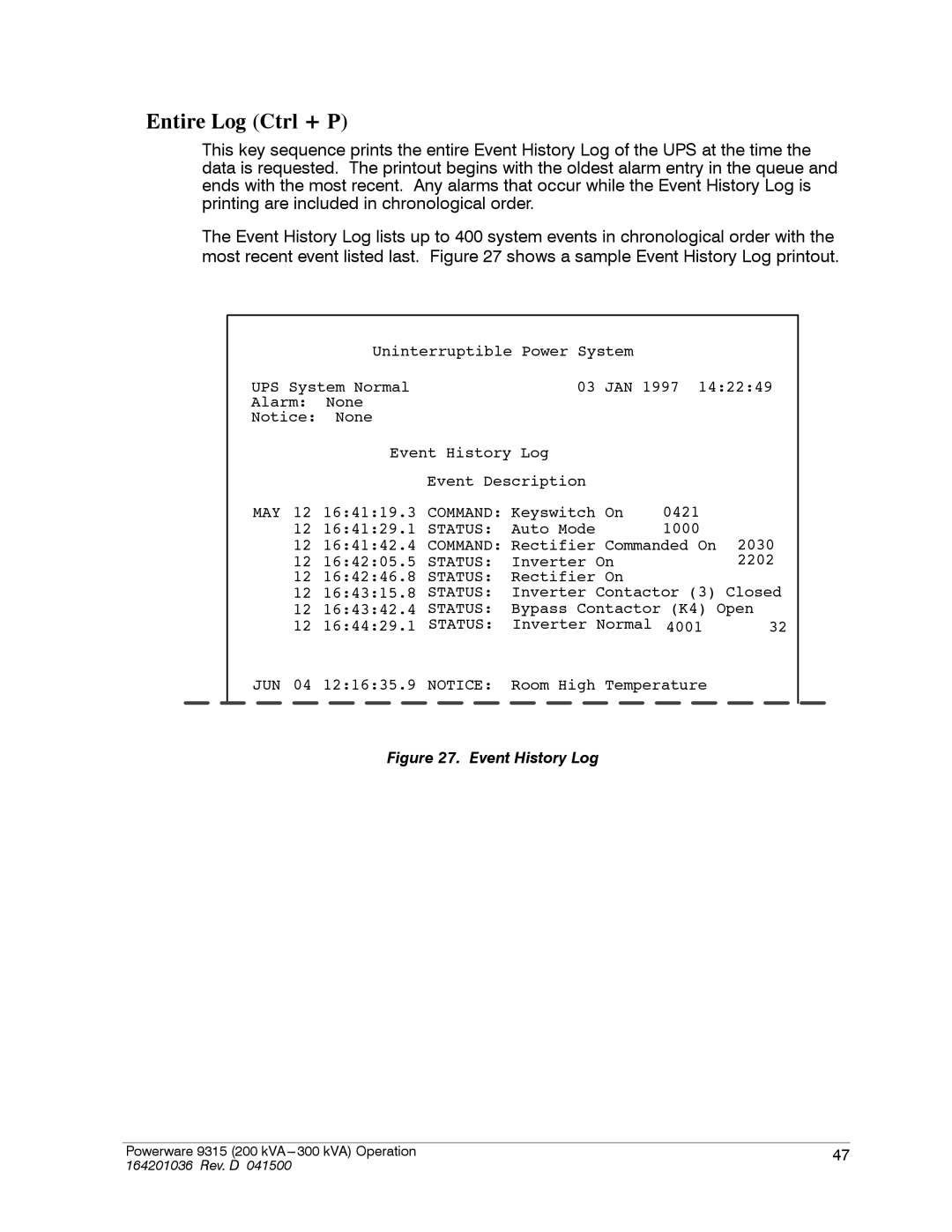 Powerware 9315 operation manual Entire Log Ctrl + P, Event History Log 