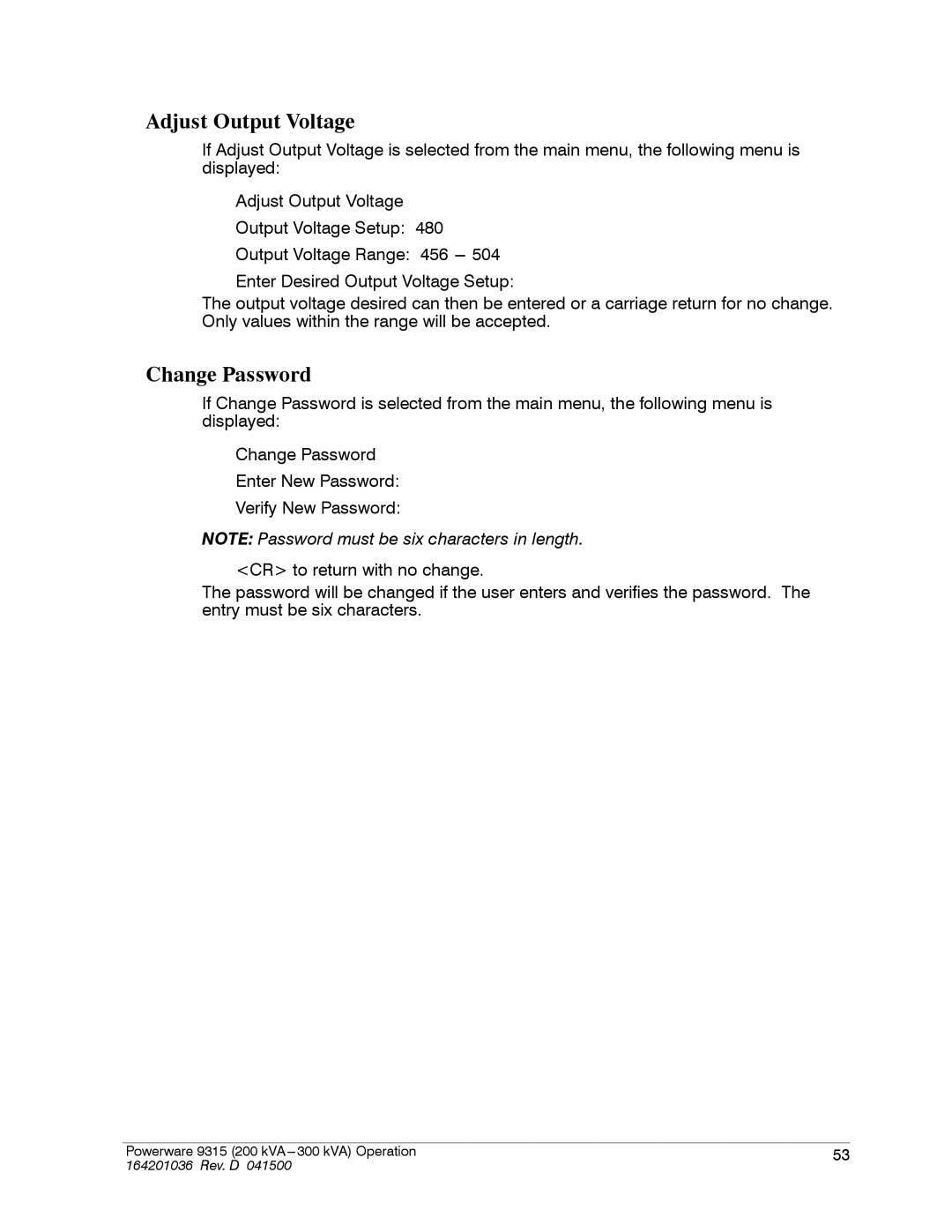 Powerware 9315 operation manual Adjust Output Voltage, Change Password 