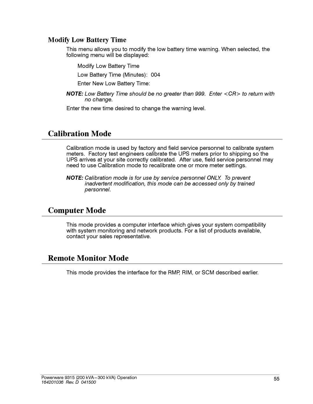 Powerware 9315 operation manual Calibration Mode, Computer Mode, Remote Monitor Mode, Modify Low Battery Time 