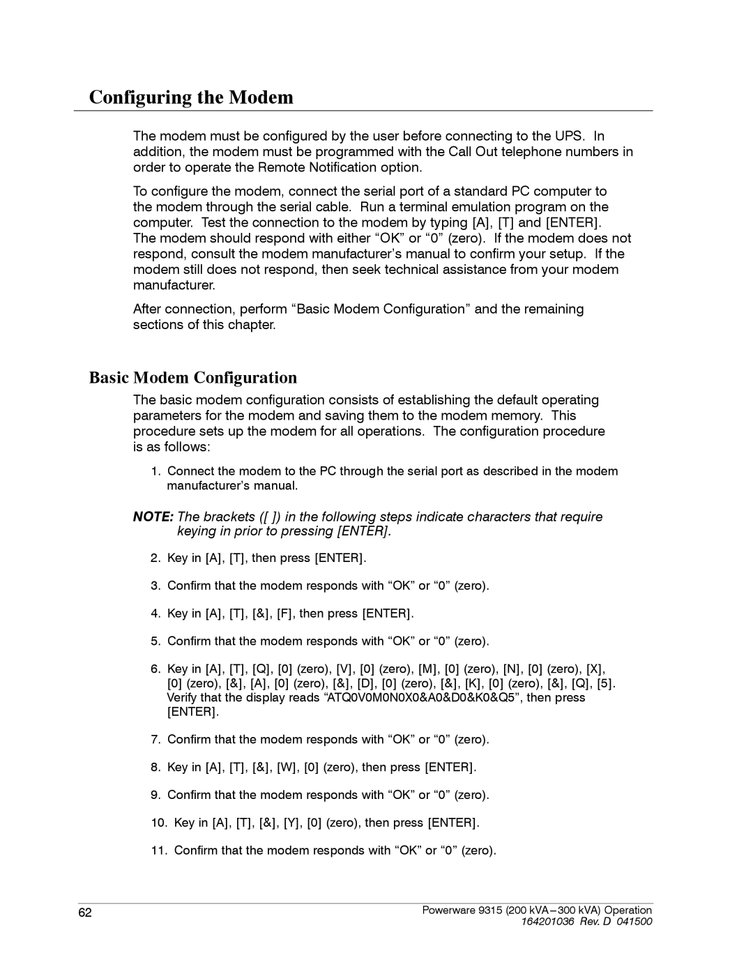 Powerware 9315 operation manual Configuring the Modem, Basic Modem Configuration 