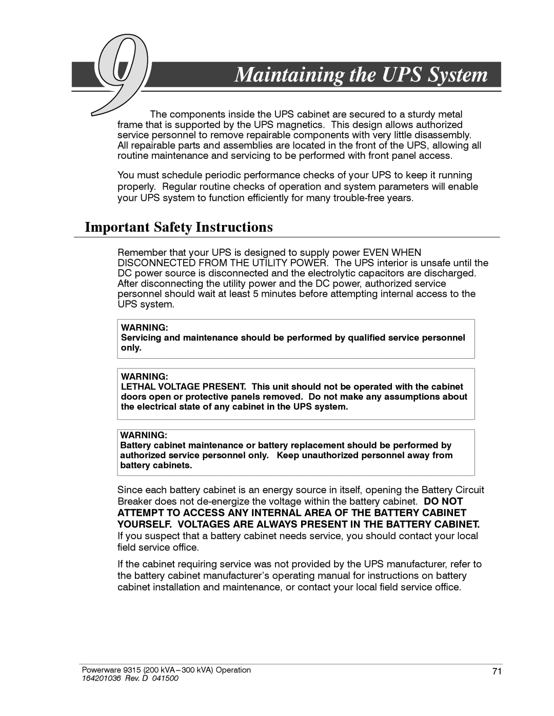 Powerware 9315 operation manual Maintaining the UPS System, Important Safety Instructions 