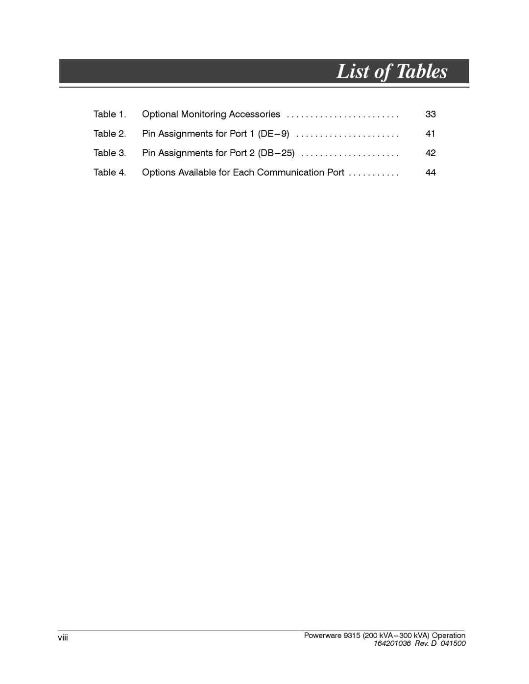 Powerware 9315 operation manual List of Tables 