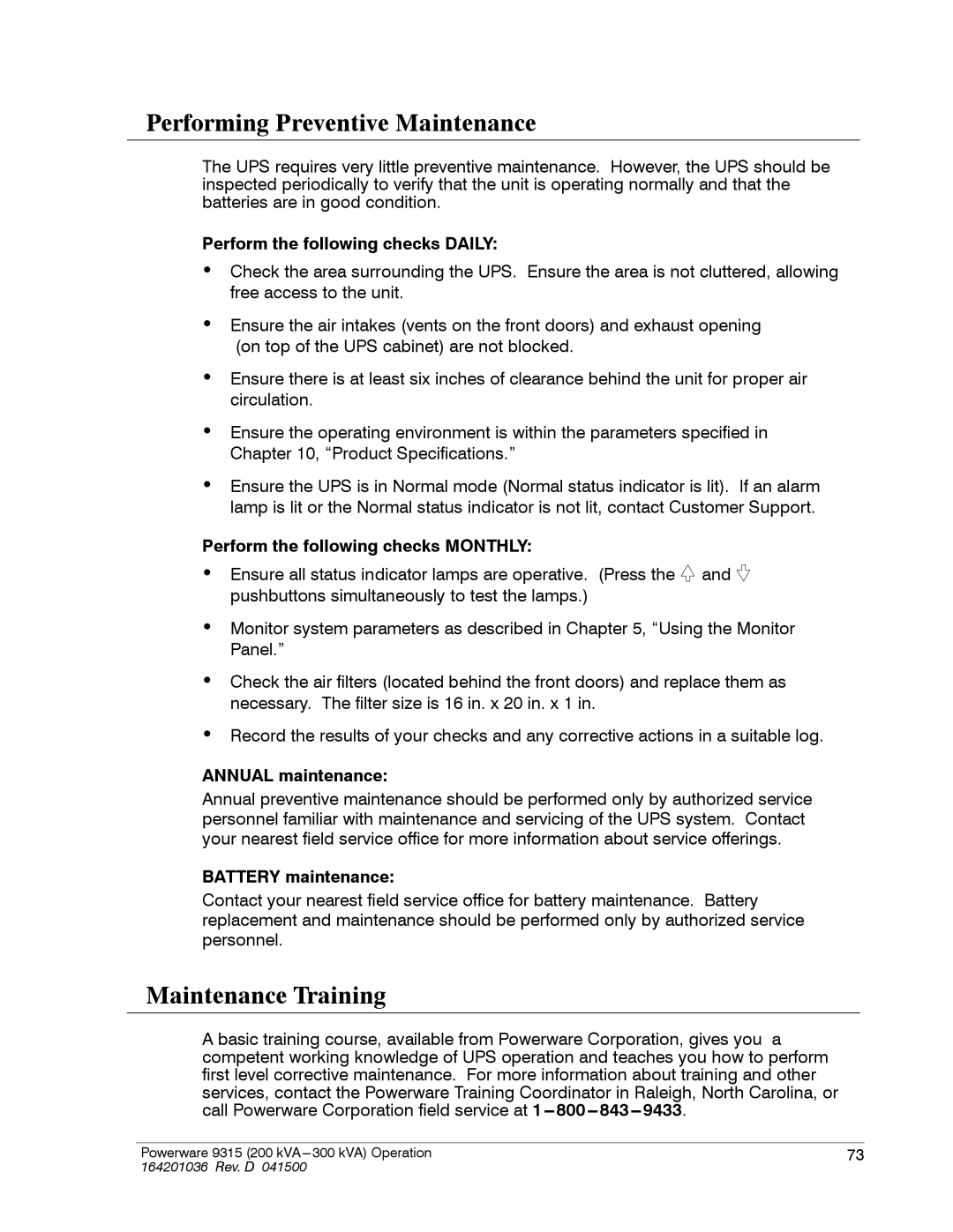 Powerware 9315 operation manual Performing Preventive Maintenance, Maintenance Training 