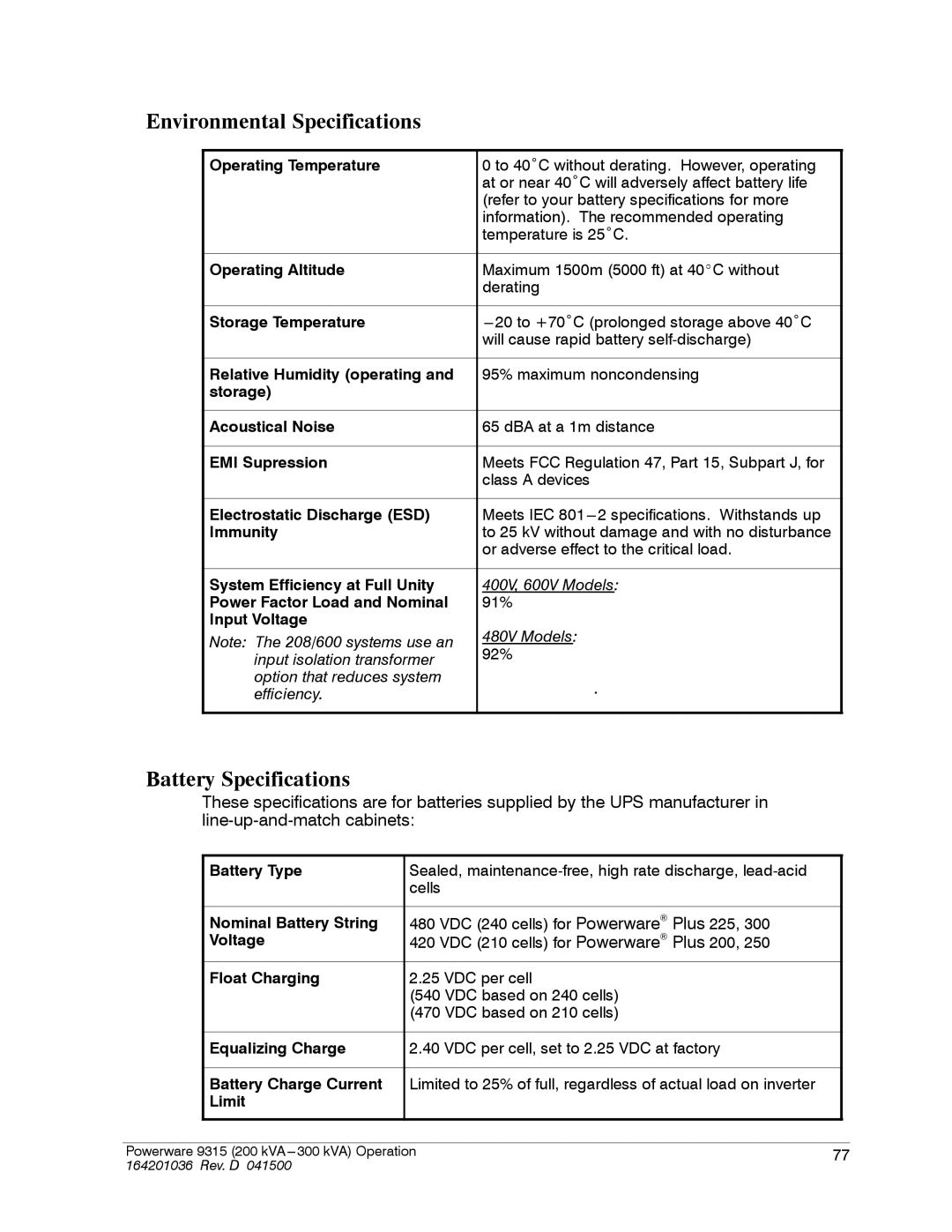 Powerware 9315 operation manual Environmental Specifications, Battery Specifications 