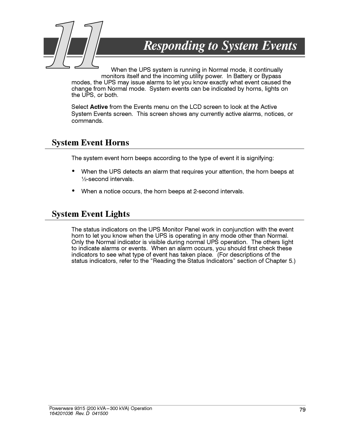 Powerware 9315 operation manual Responding to System Events, System Event Horns, System Event Lights 