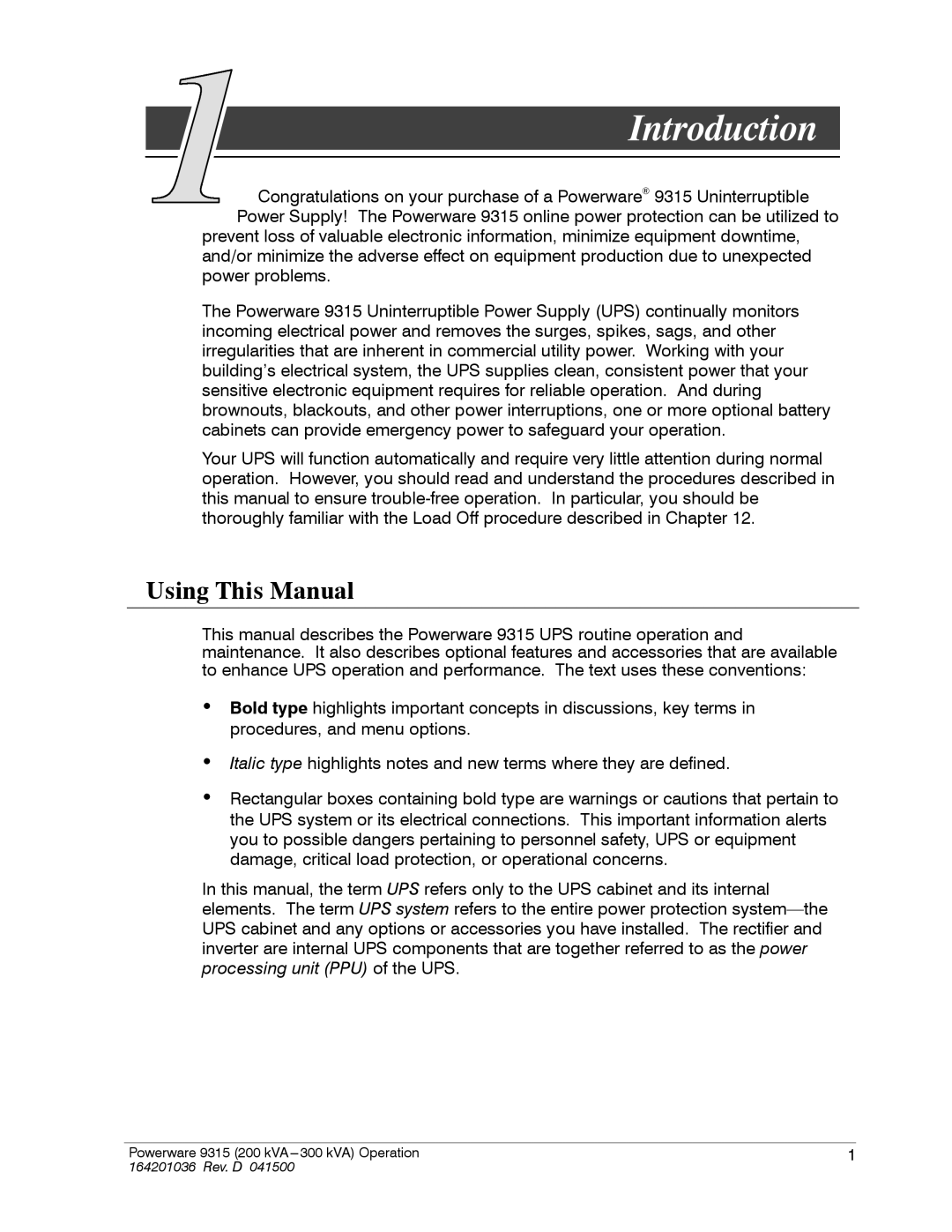 Powerware 9315 operation manual Introduction, Using This Manual 