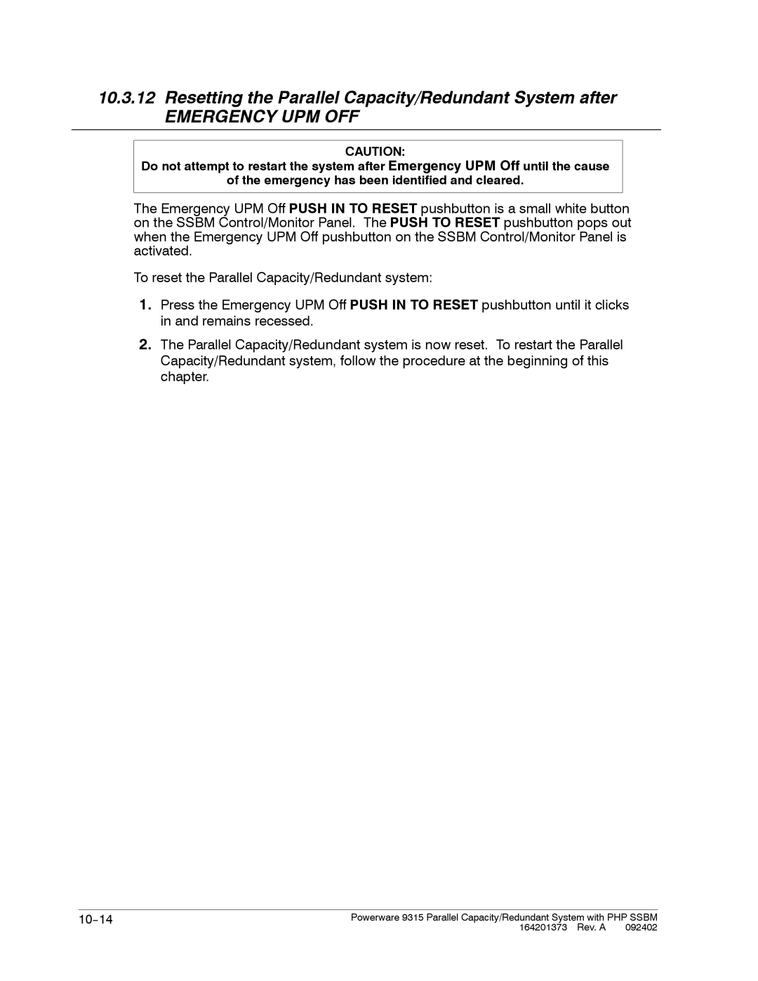 Powerware 9315s manual Resetting the Parallel Capacity/Redundant System after 