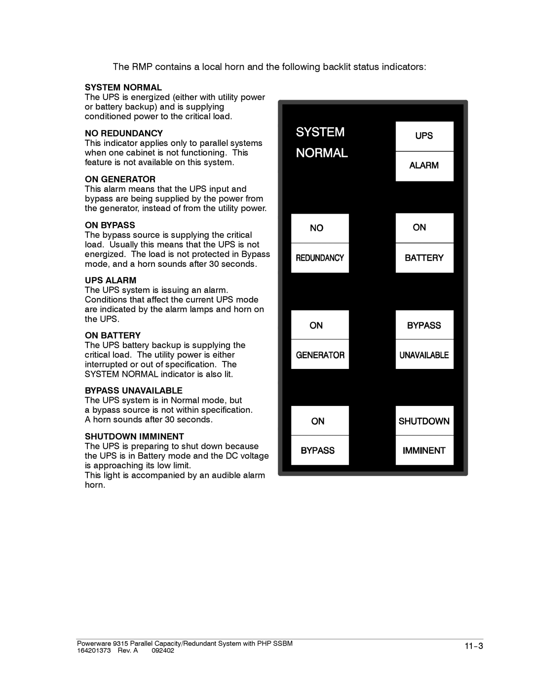 Powerware 9315s manual System Normal, No Redundancy, On Generator, On Bypass, UPS Alarm, On Battery, Bypass Unavailable 