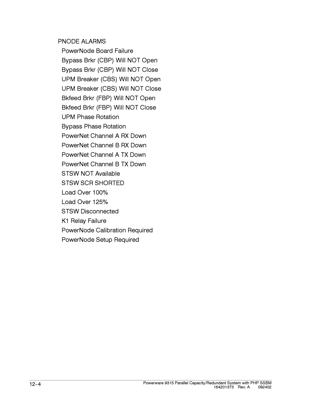 Powerware 9315s manual Pnode Alarms 