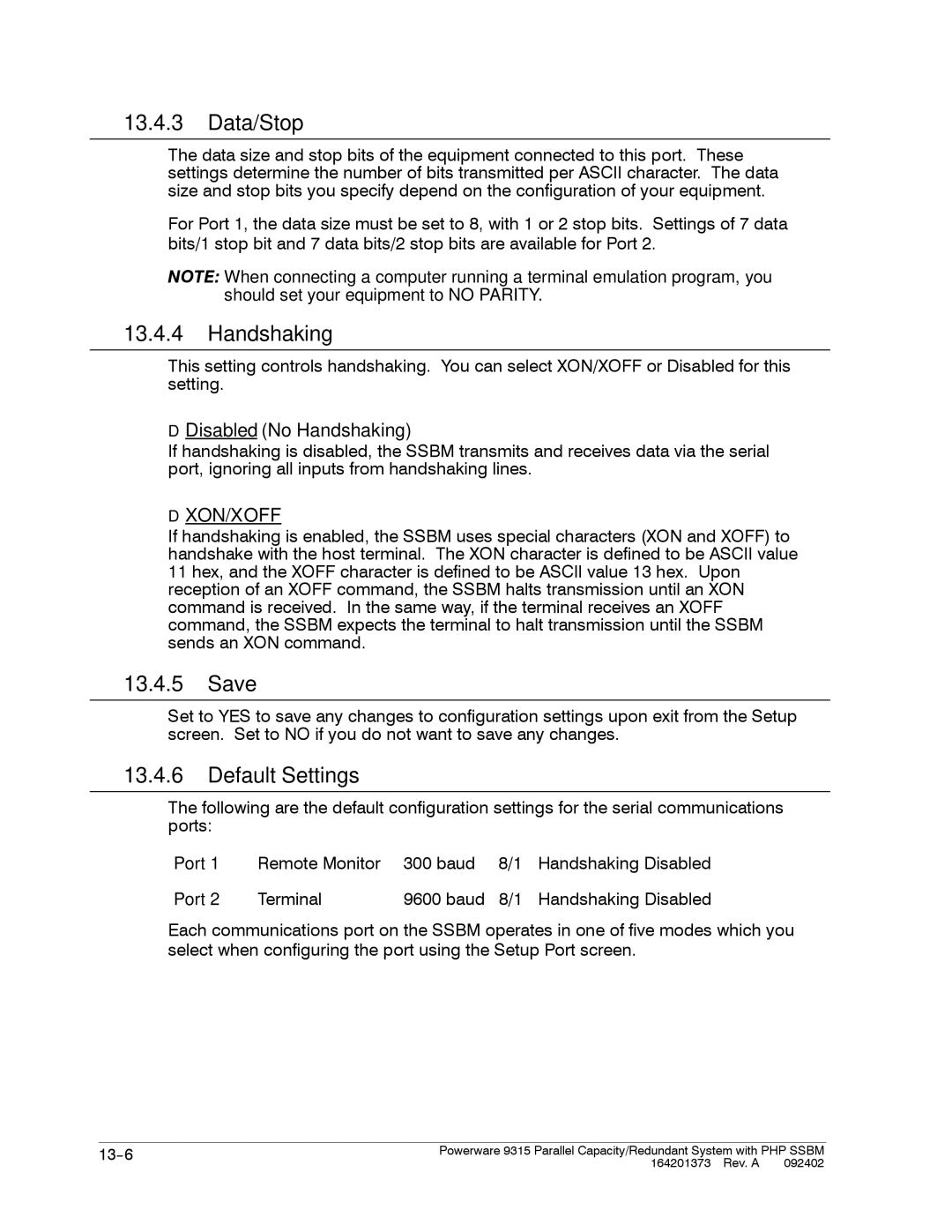 Powerware 9315s manual Data/Stop, Handshaking, Save, Default Settings 