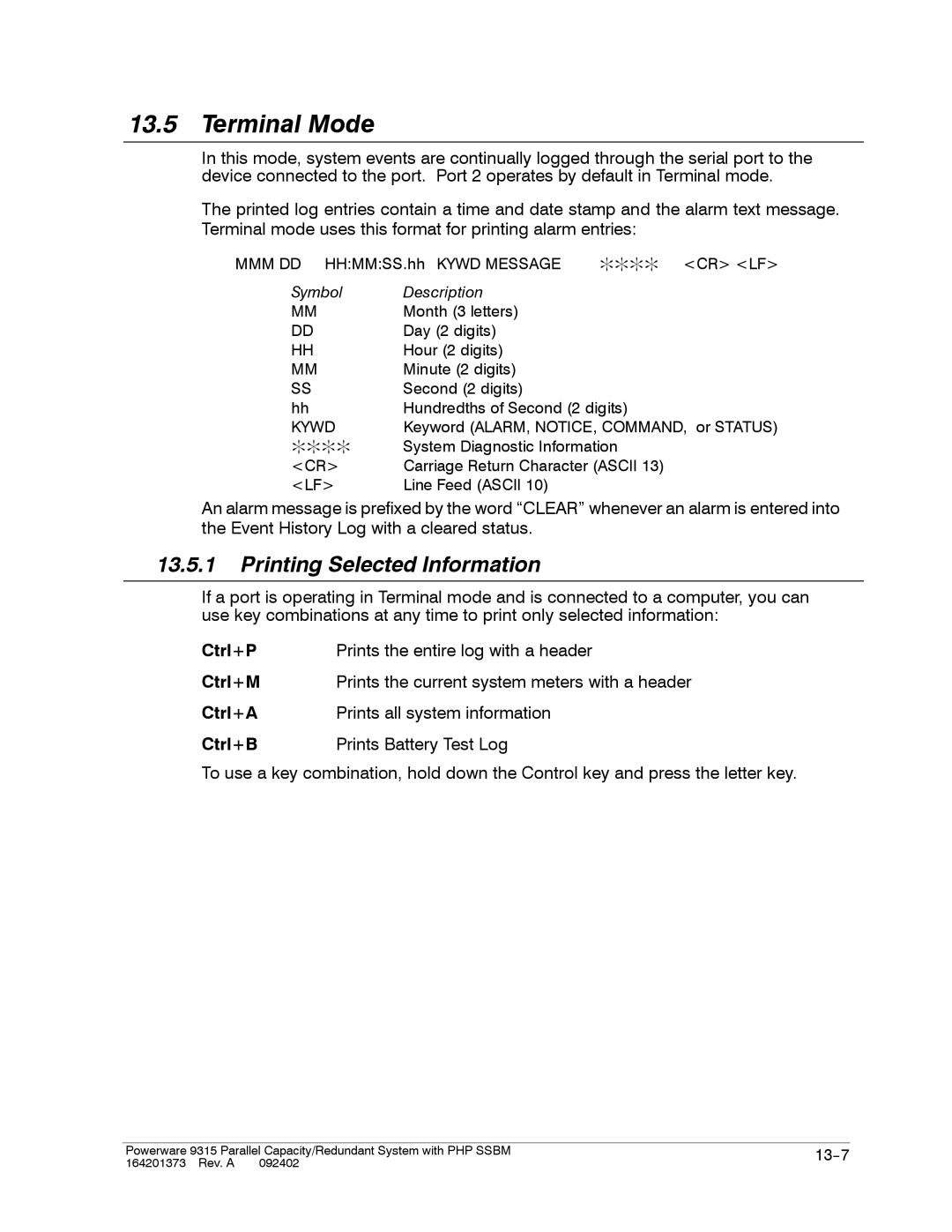 Powerware 9315s manual Terminal Mode, Printing Selected Information 