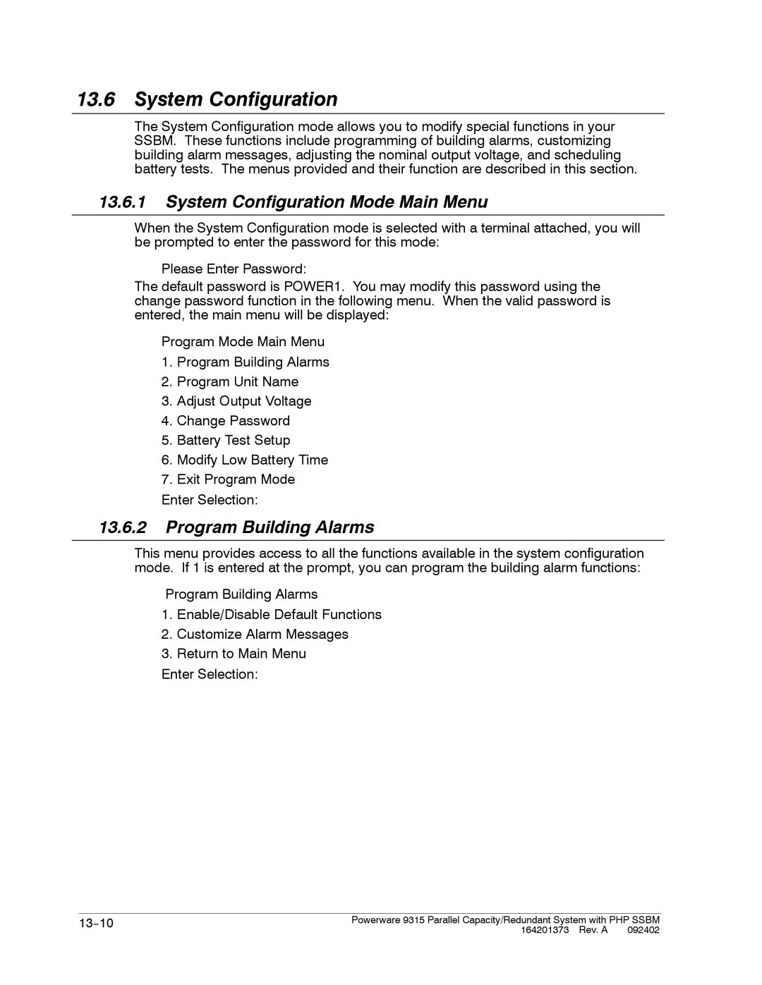 Powerware 9315s manual System Configuration Mode Main Menu, Program Building Alarms 