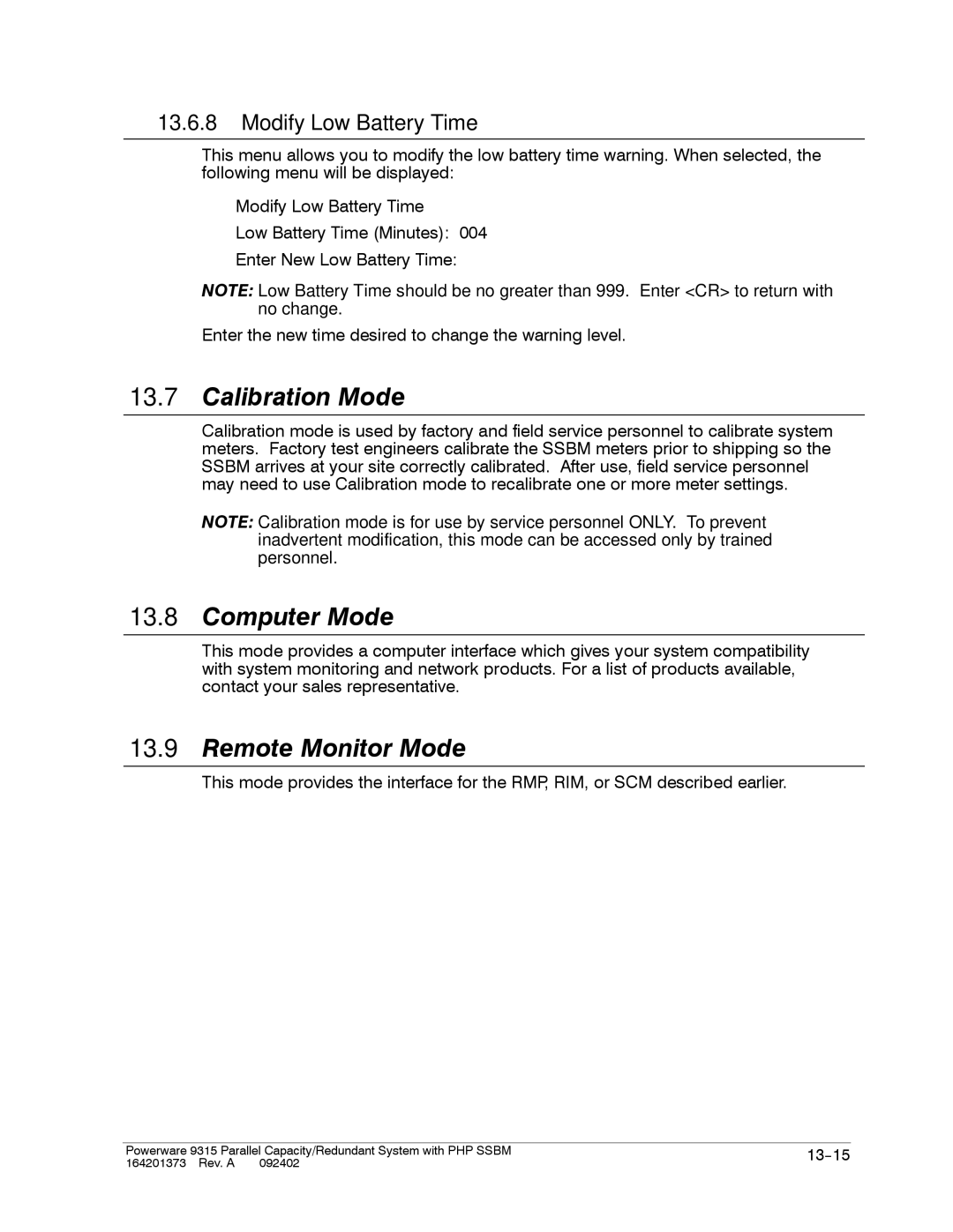 Powerware 9315s manual Calibration Mode, Computer Mode, Remote Monitor Mode, Modify Low Battery Time 