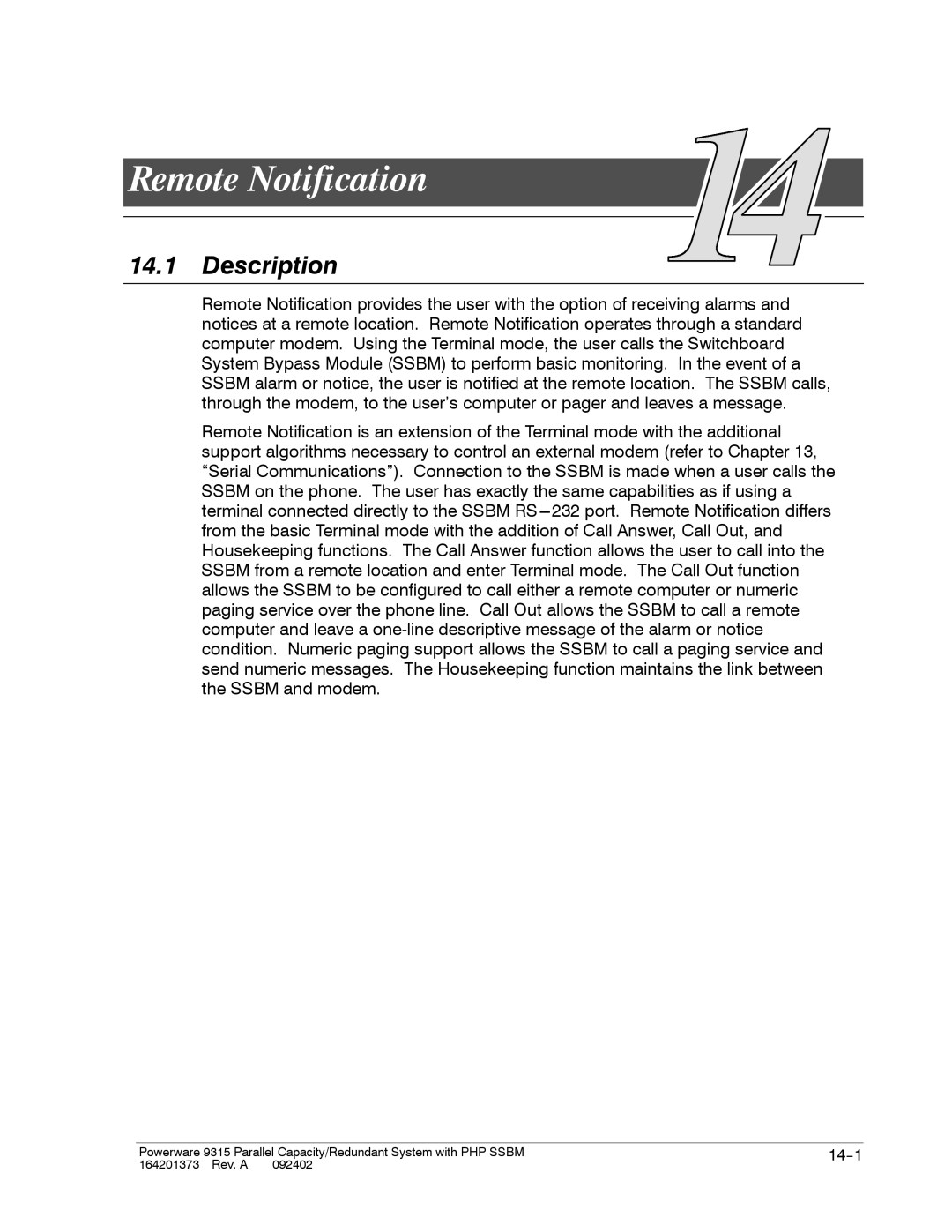 Powerware 9315s manual Remote Notification, Description 