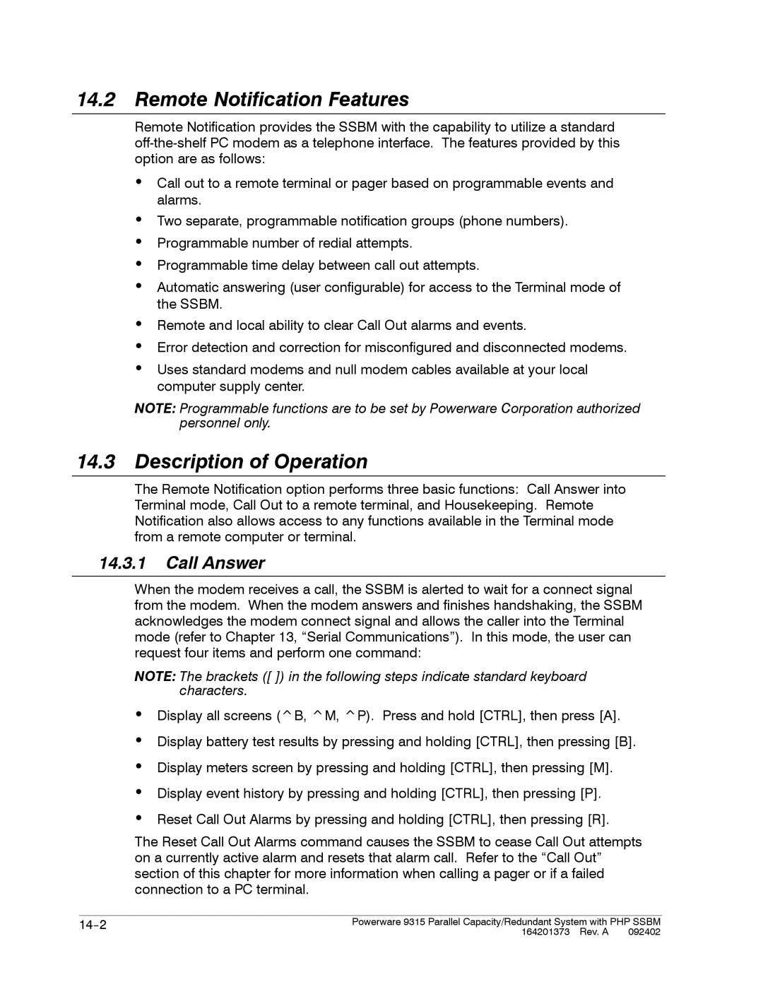 Powerware 9315s manual Remote Notification Features, Description of Operation, Call Answer 