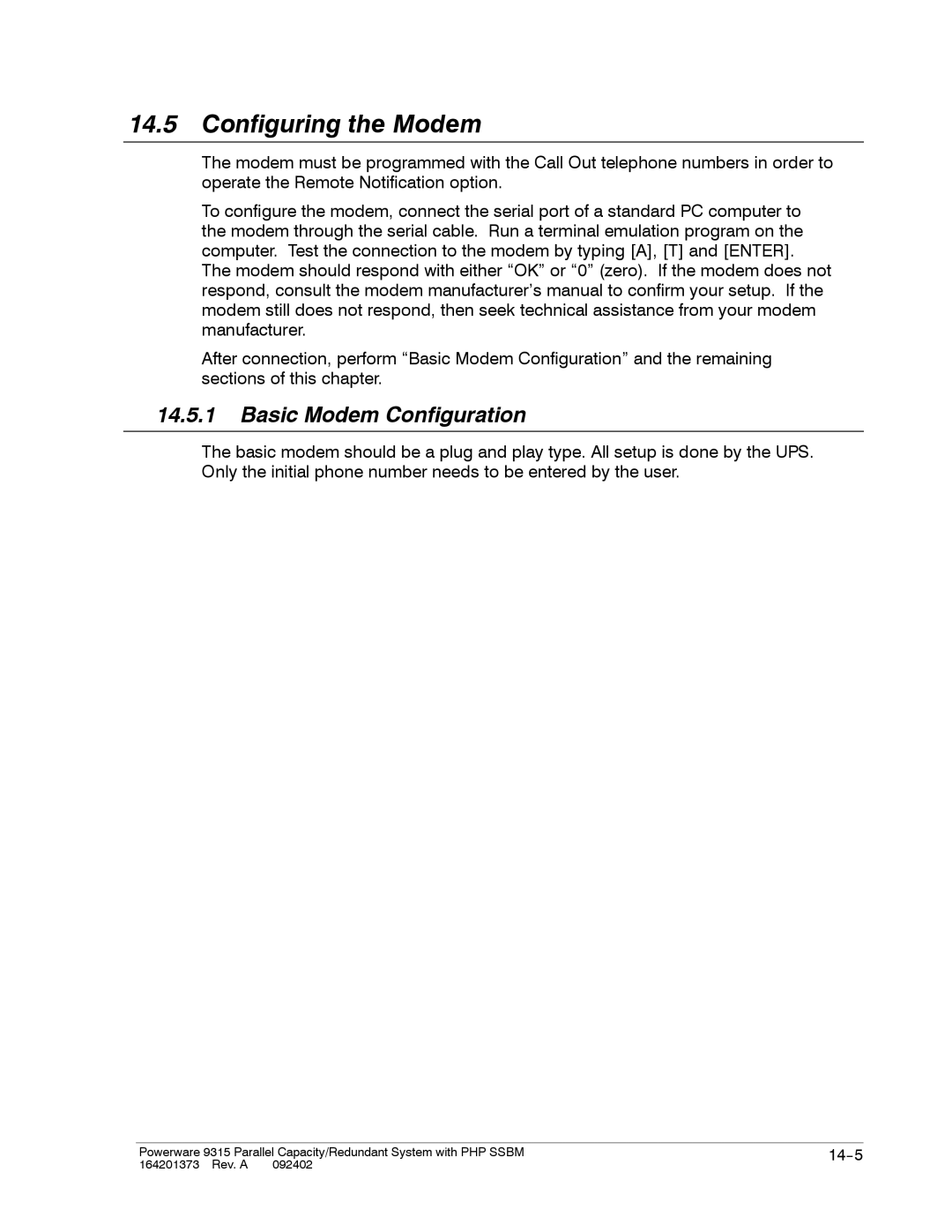 Powerware 9315s manual Configuring the Modem, Basic Modem Configuration 