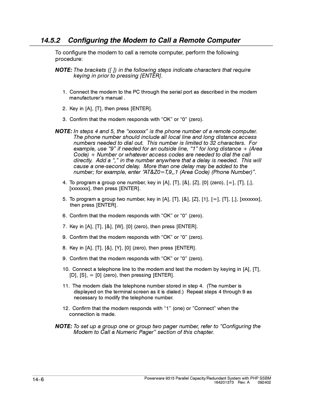 Powerware 9315s manual Configuring the Modem to Call a Remote Computer 