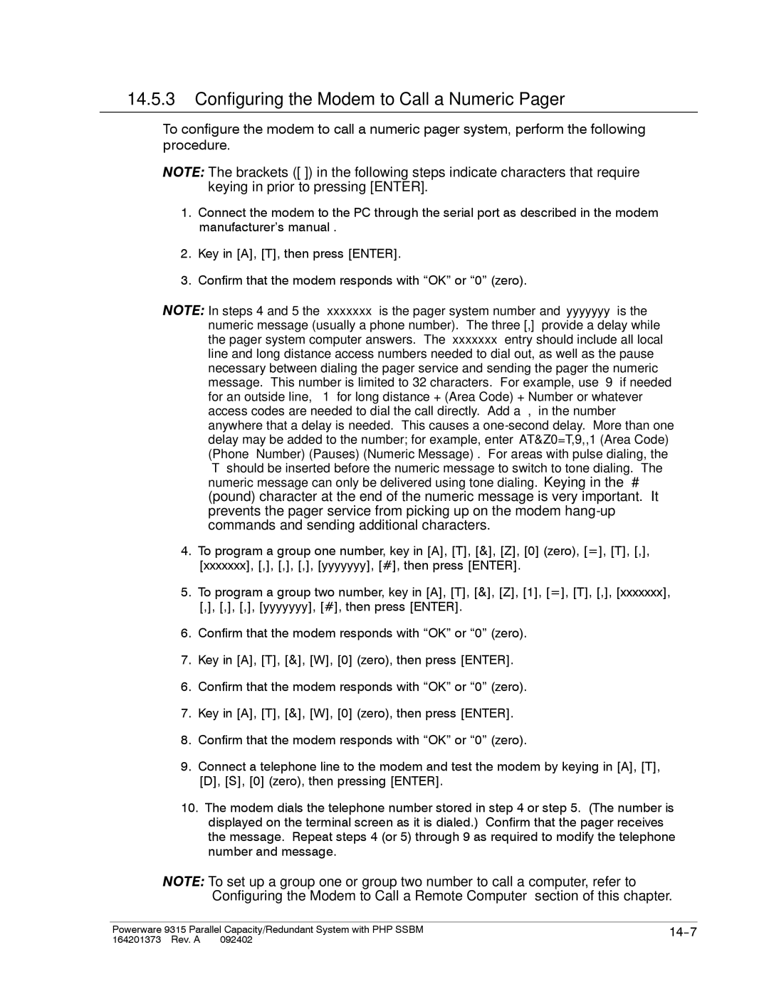 Powerware 9315s manual Configuring the Modem to Call a Numeric Pager 