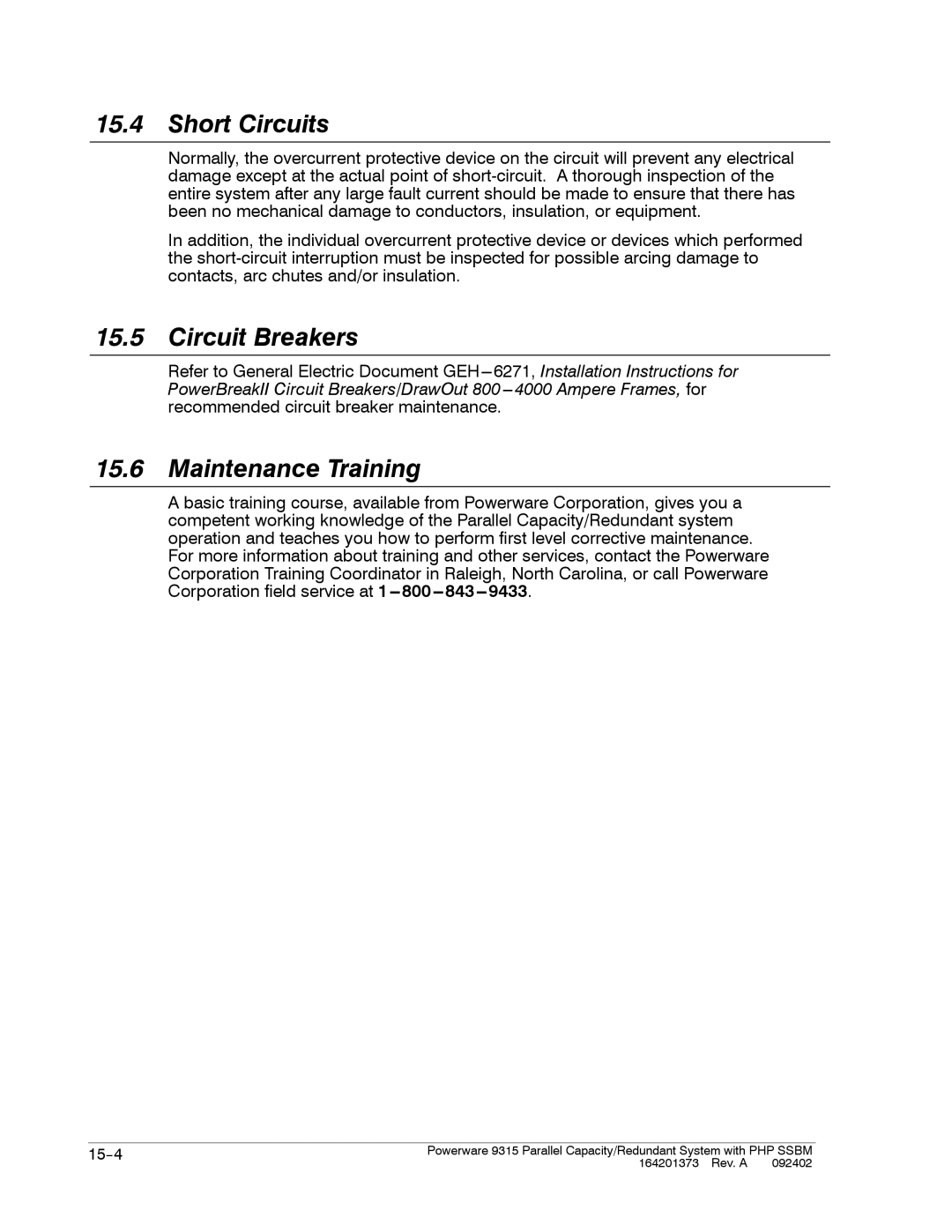 Powerware 9315s manual Short Circuits, Circuit Breakers, Maintenance Training 