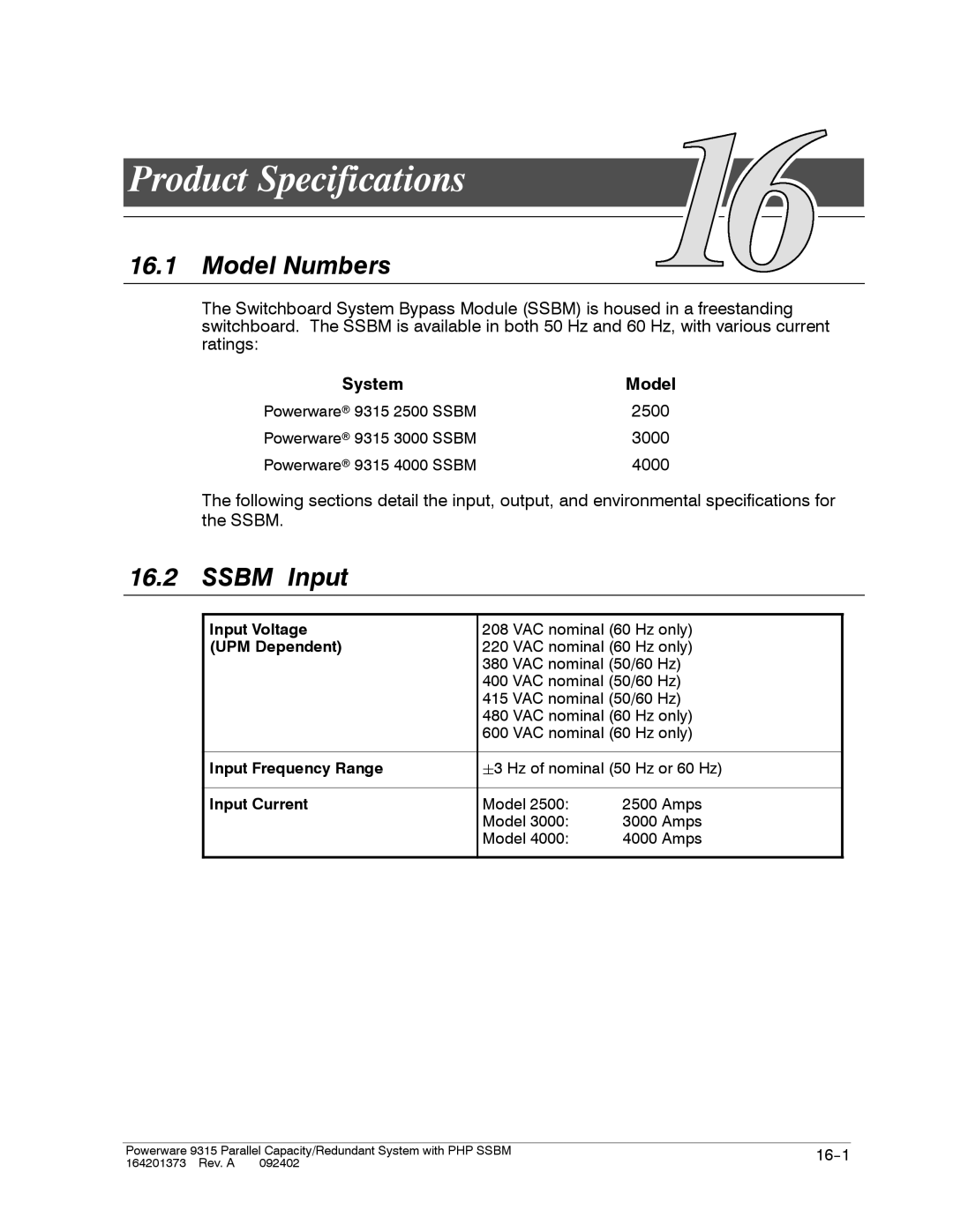 Powerware 9315s manual Product Specifications, Model Numbers, Ssbm Input 