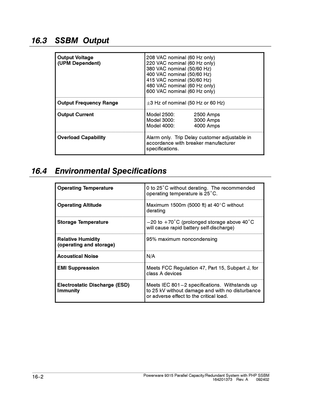 Powerware 9315s manual Ssbm Output, Environmental Specifications 