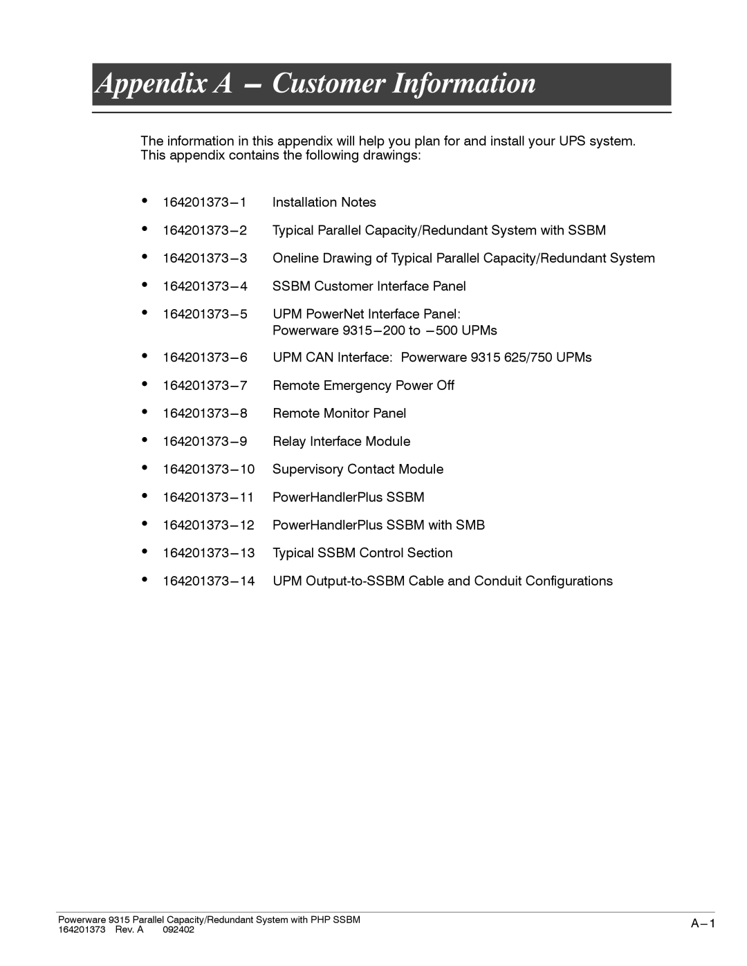 Powerware 9315s manual Appendix a --- Customer Information 