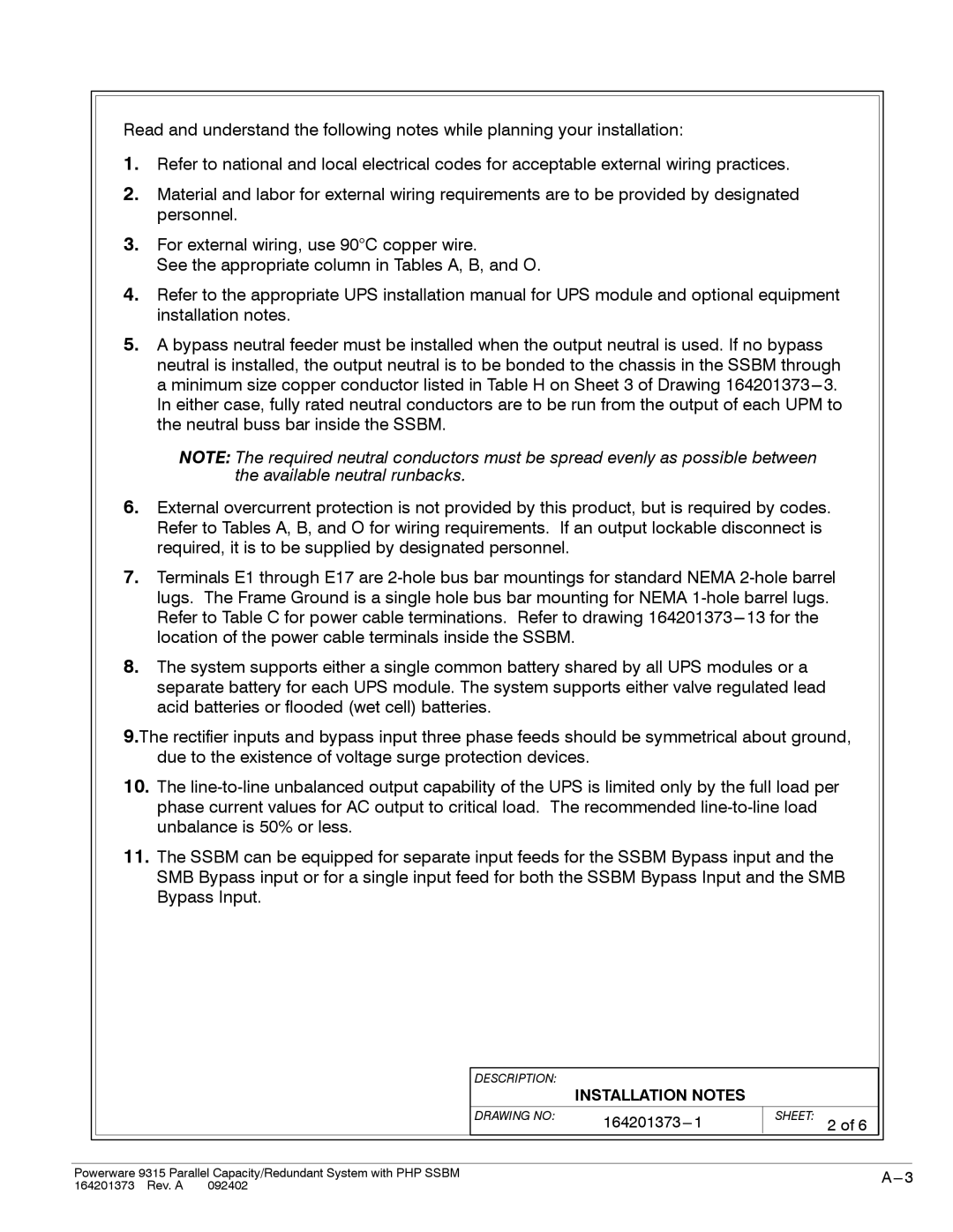 Powerware 9315s manual Sheet 2 