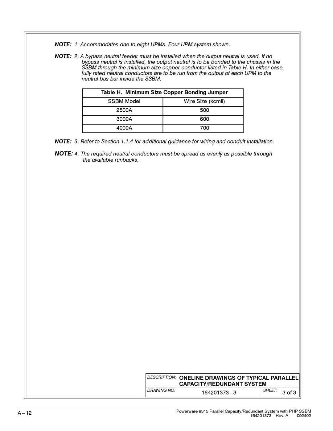 Powerware 9315s manual Table H. Minimum Size Copper Bonding Jumper 