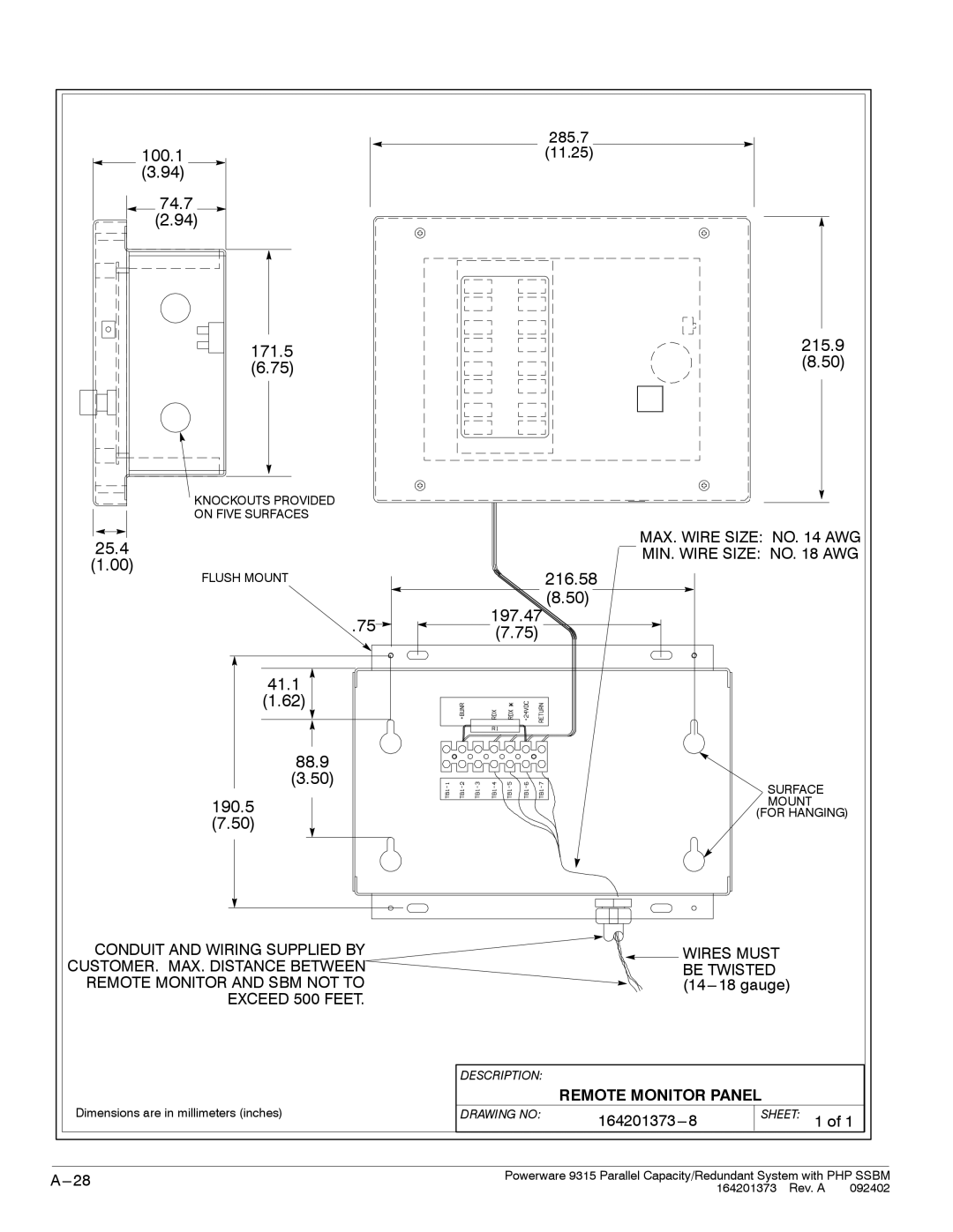 Powerware 9315s manual 41.1 88.9 190.5, Remote Monitor Panel 