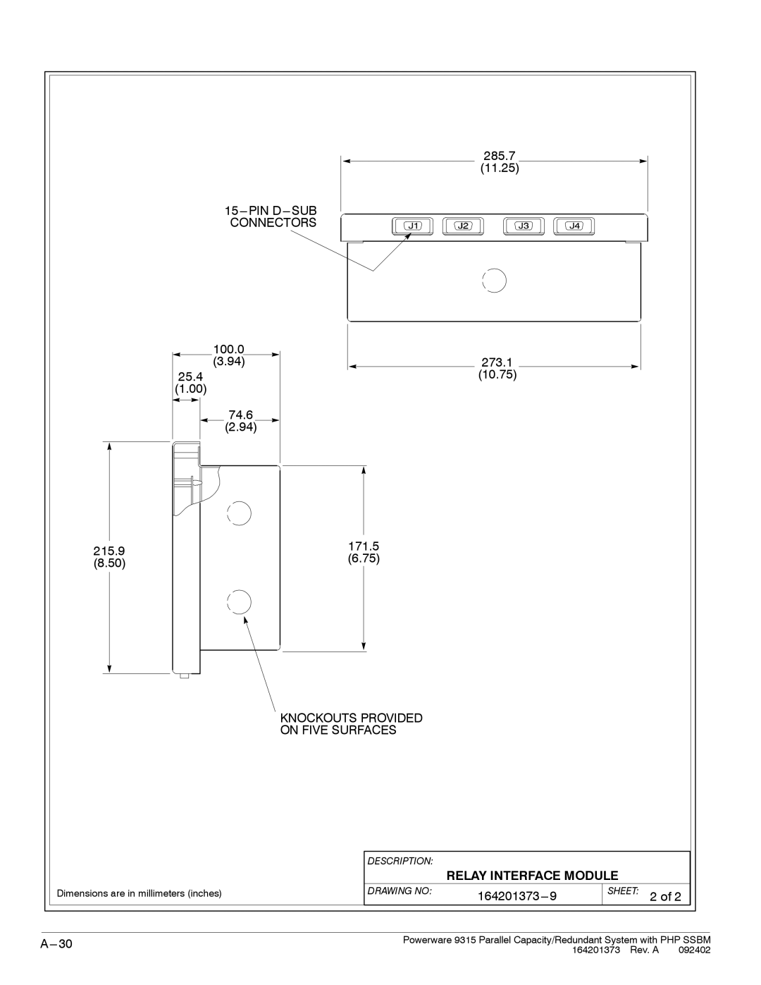 Powerware 9315s manual PIN D---SUB Connectors 