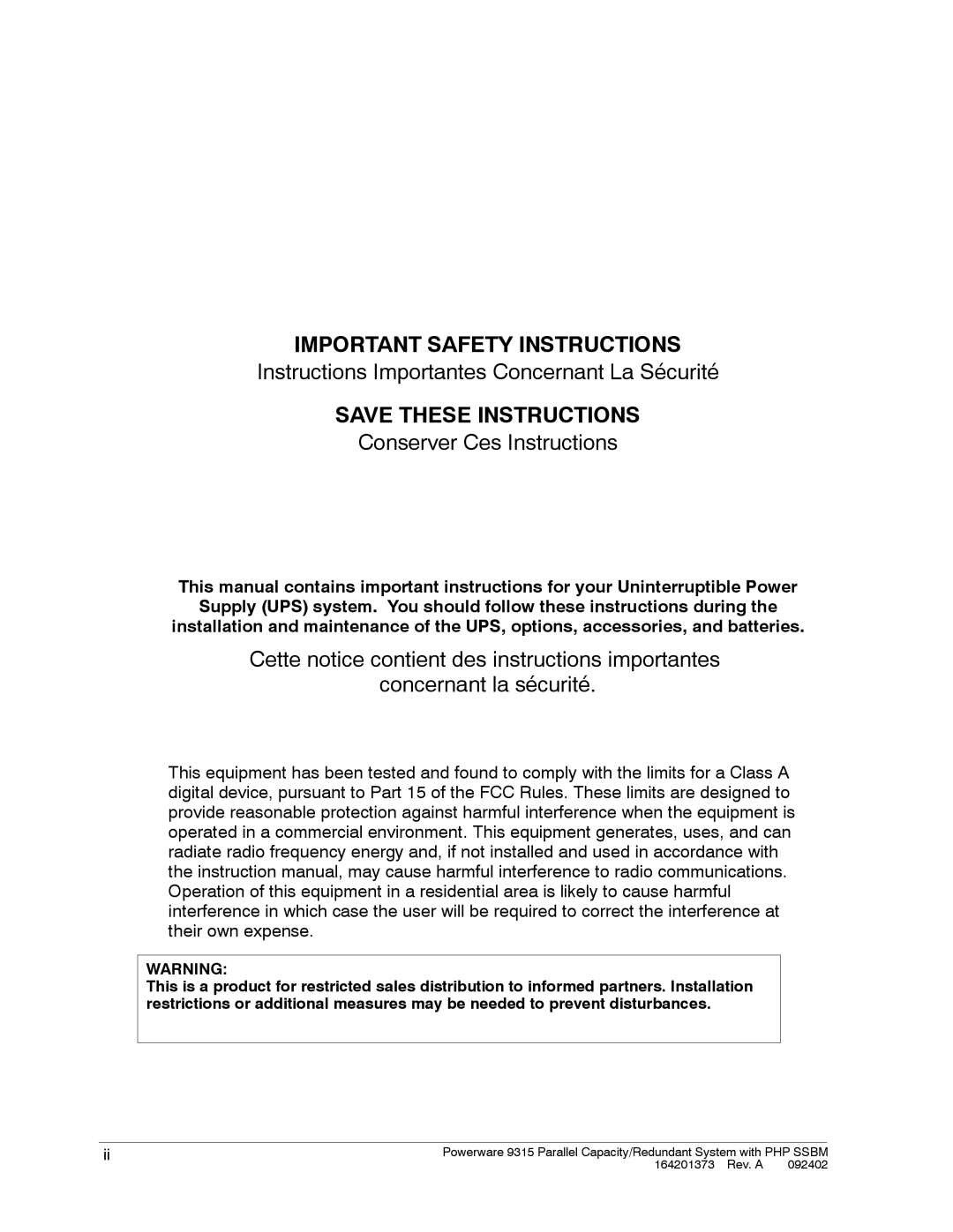 Powerware 9315s manual Important Safety Instructions 