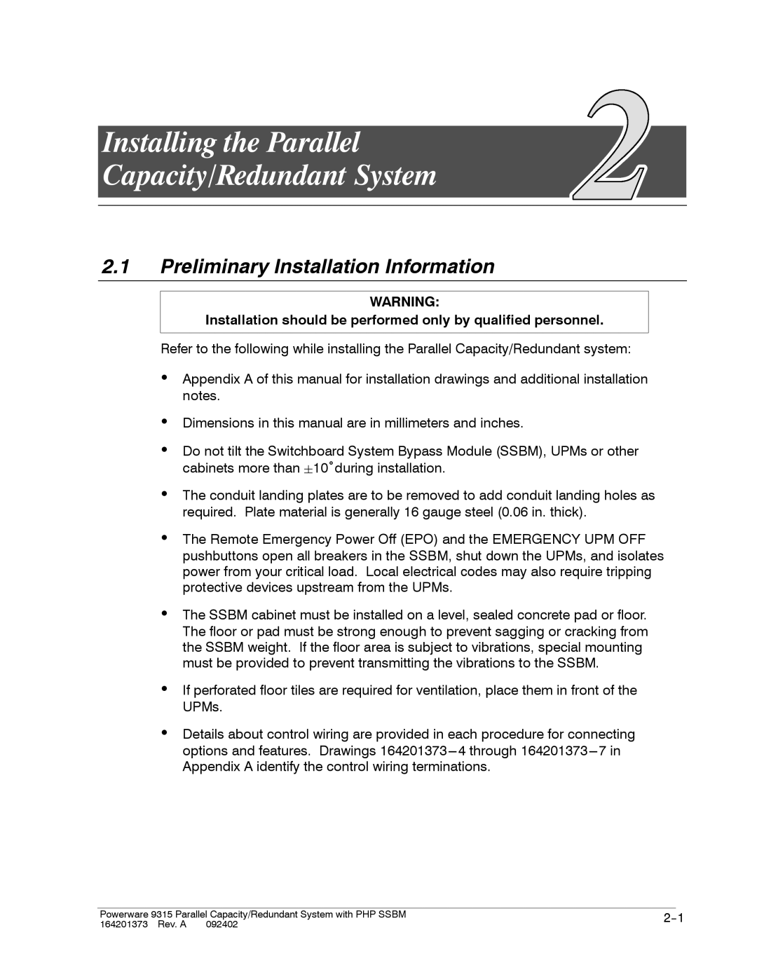 Powerware 9315s manual Installing the Parallel Capacity/Redundant System, Preliminary Installation Information 