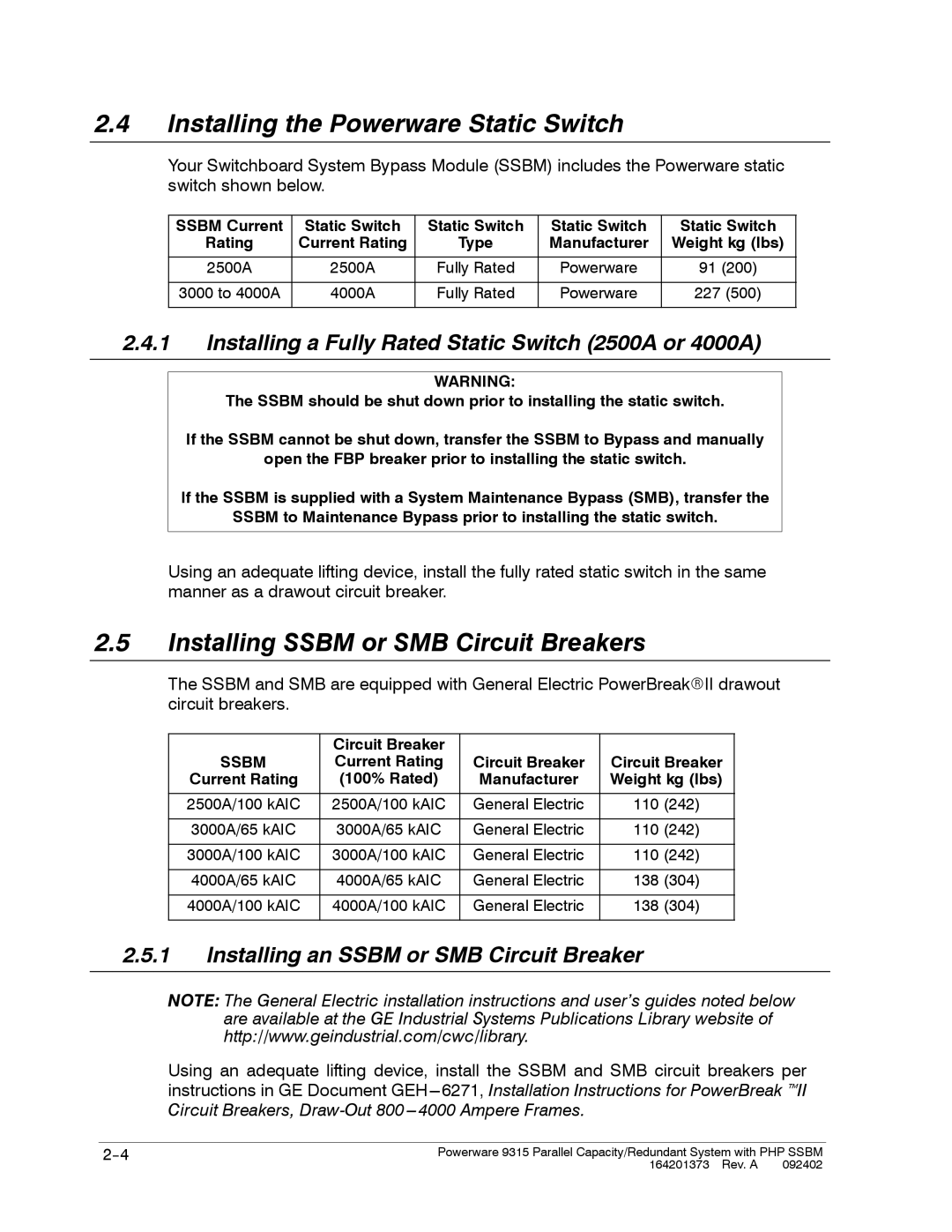 Powerware 9315s manual Installing the Powerware Static Switch, Installing Ssbm or SMB Circuit Breakers 