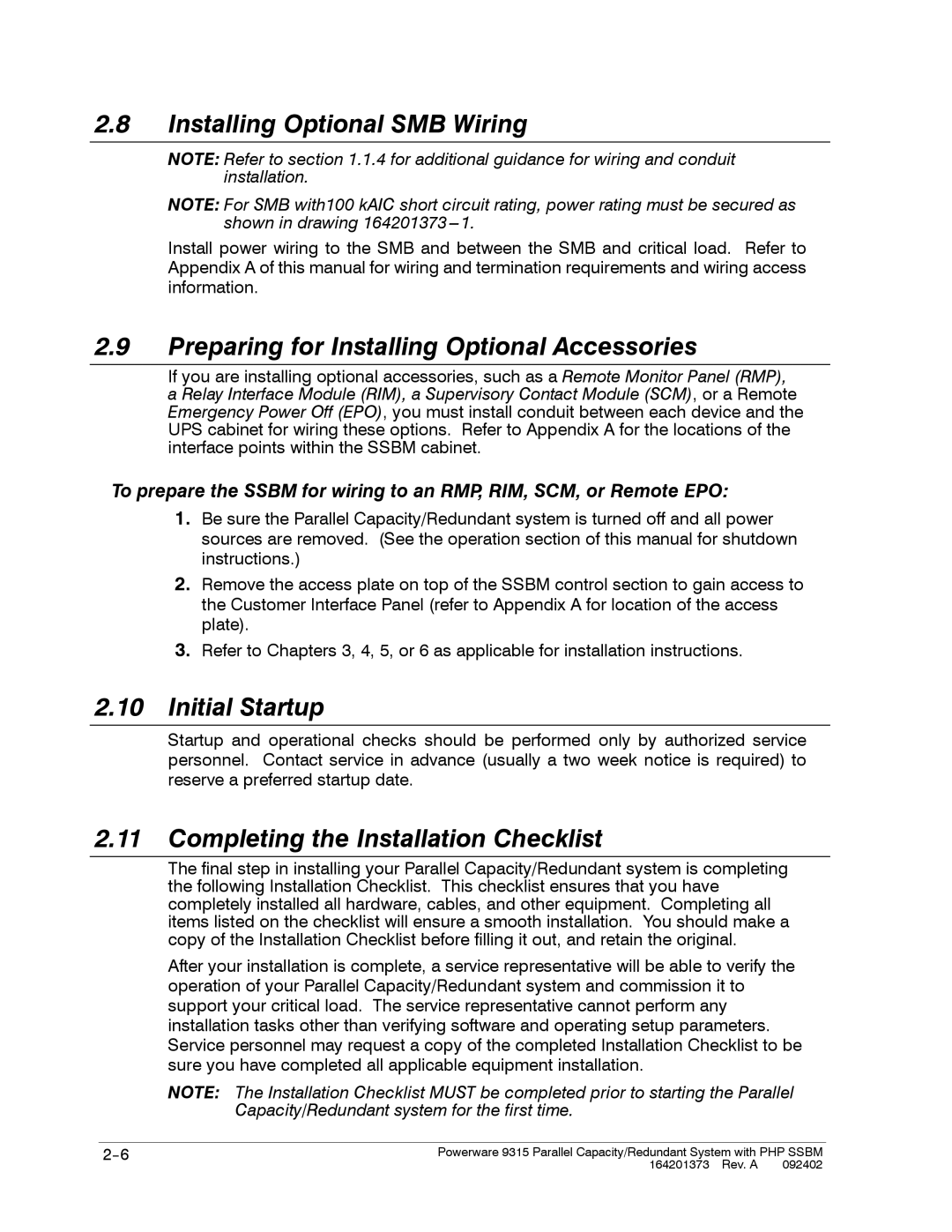 Powerware 9315s manual Installing Optional SMB Wiring, Preparing for Installing Optional Accessories, Initial Startup 