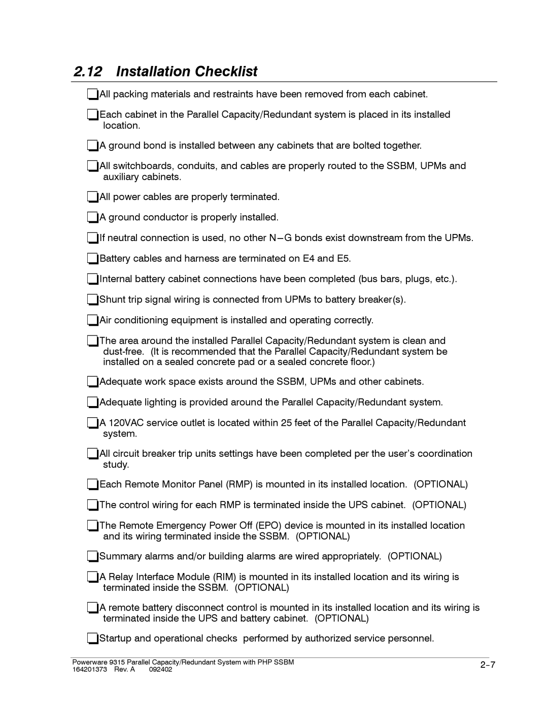 Powerware 9315s manual Installation Checklist 