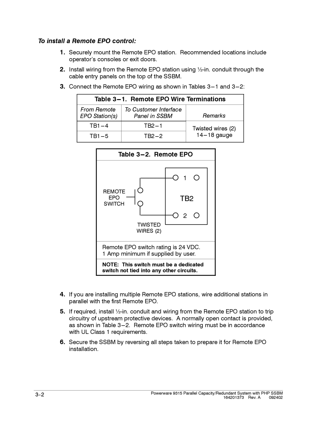 Powerware 9315s manual Remote EPO Wire Terminations 