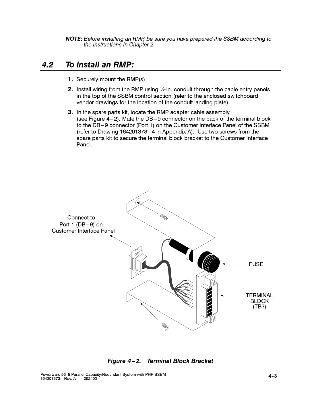 Powerware 9315s manual To install an RMP, Fuse Terminal Block TB3 