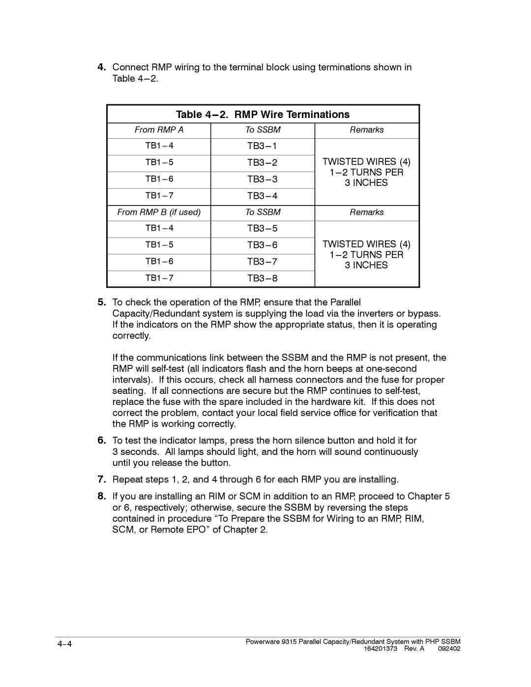 Powerware 9315s manual RMP Wire Terminations, Inches 