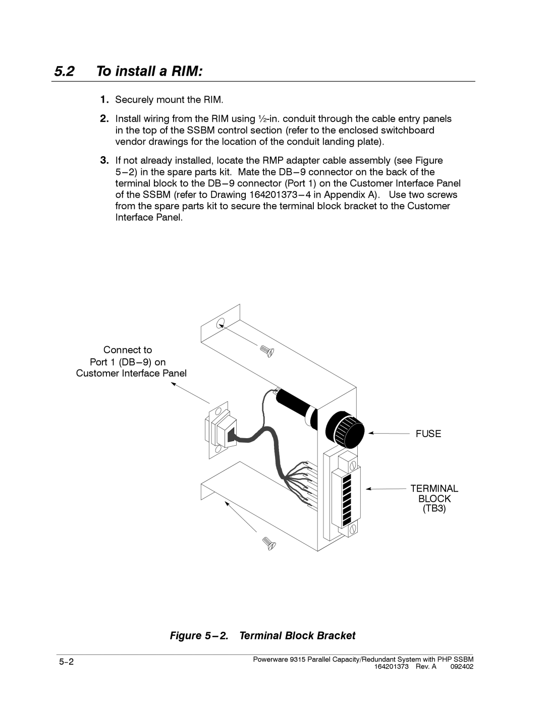 Powerware 9315s manual To install a RIM, Terminal Block Bracket 