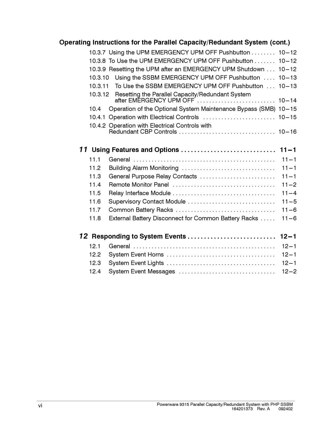 Powerware 9315s manual Using Features and Options 11---1, Responding to System Events 12---1 