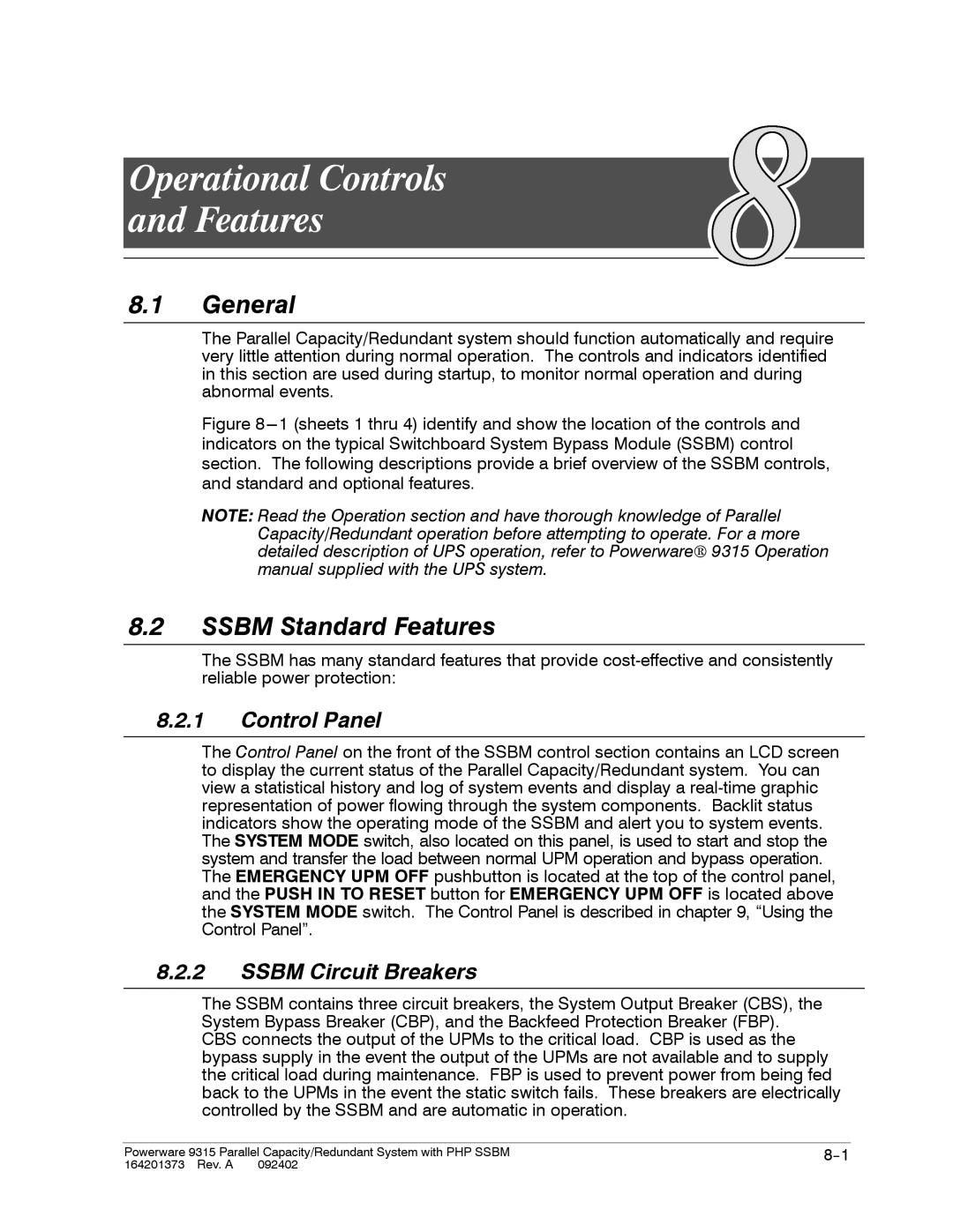 Powerware 9315s manual Operational Controls Features, General, Ssbm Standard Features, Control Panel, Ssbm Circuit Breakers 