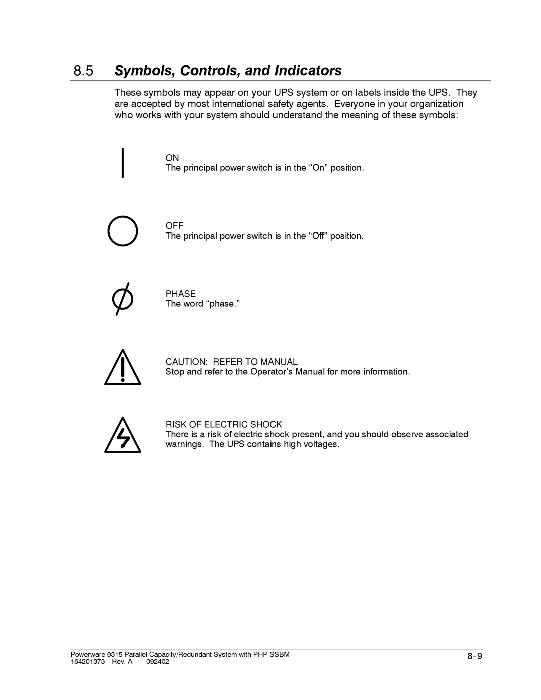 Powerware 9315s manual Symbols, Controls, and Indicators, Off, Phase, Risk of Electric Shock 