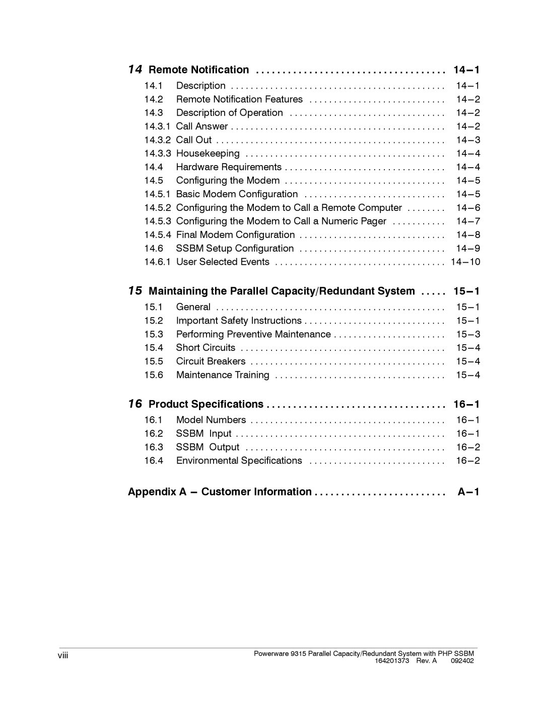 Powerware 9315s manual Remote Notification 14---1, Maintaining the Parallel Capacity/Redundant System 