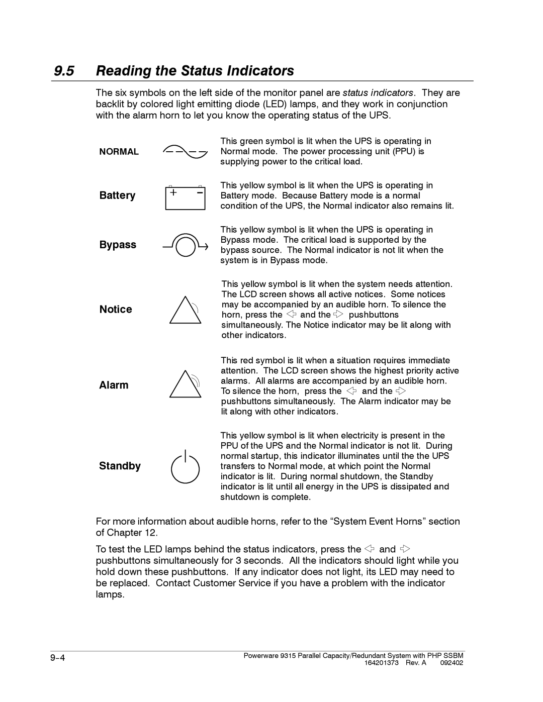 Powerware 9315s manual Reading the Status Indicators, Battery Bypass Alarm Standby, Normal 