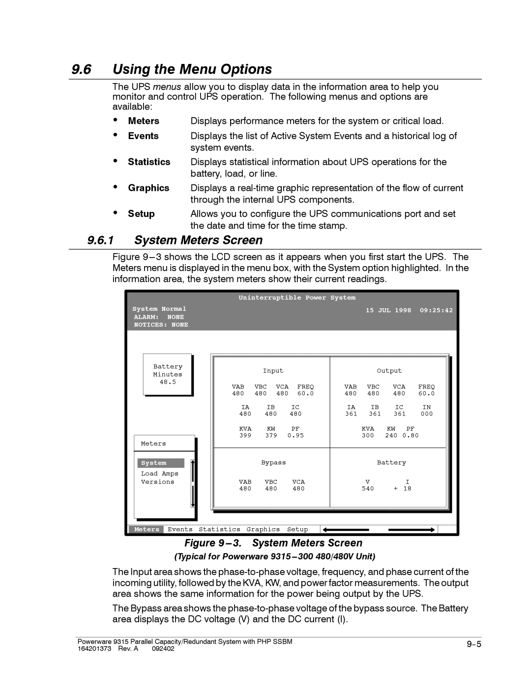 Powerware 9315s manual Using the Menu Options, System Meters Screen 