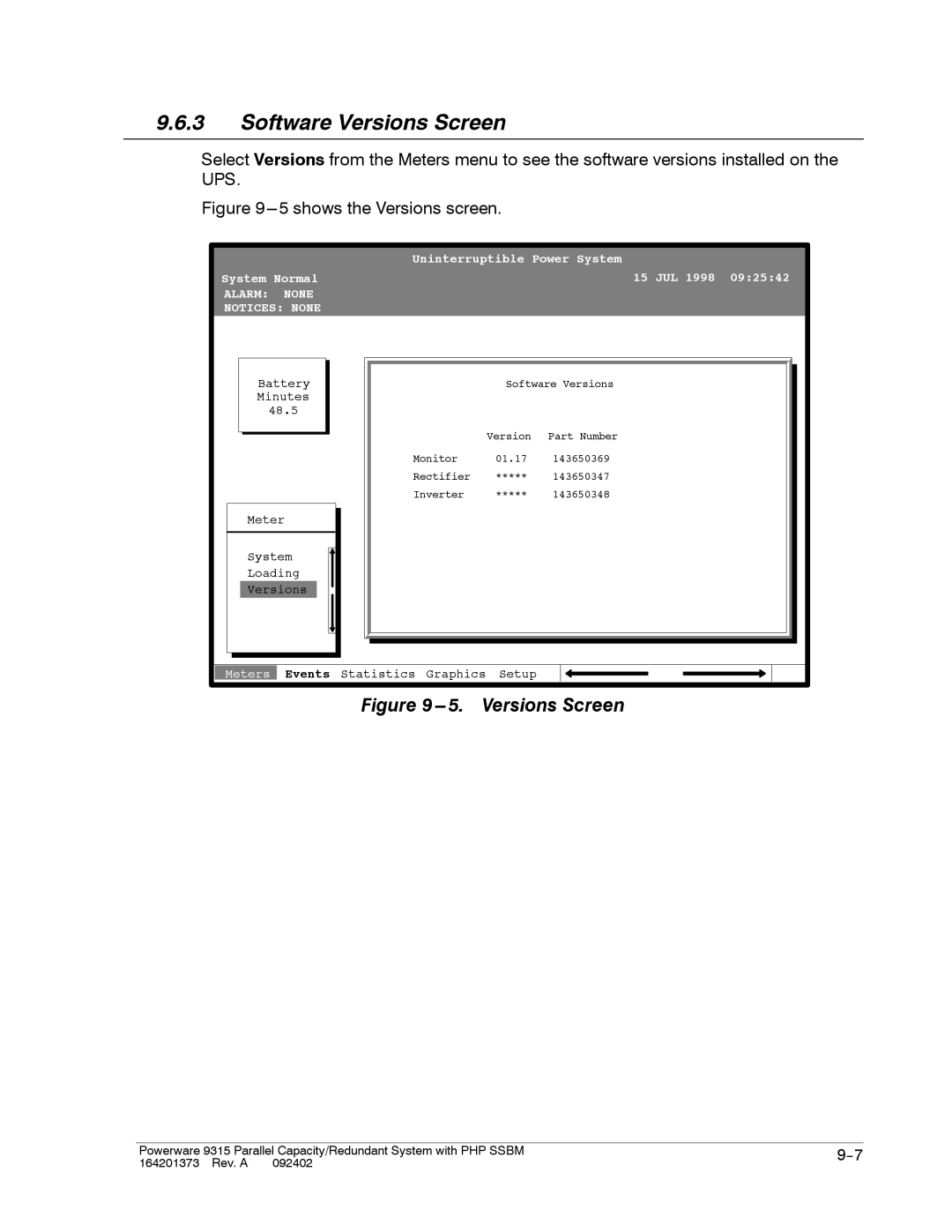 Powerware 9315s manual Software Versions Screen, Shows the Versions screen 